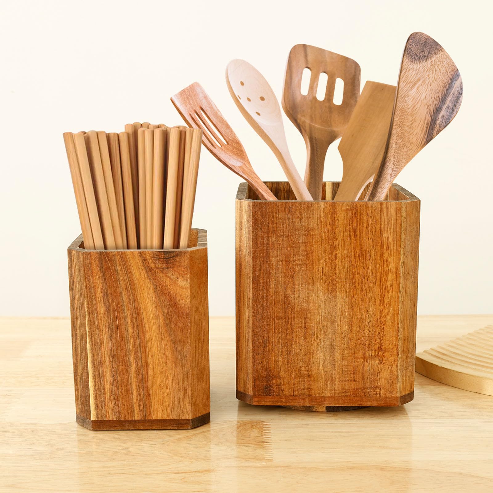 Qinglang 2Pcs Acacia Wood Utensil Holder For Kitchen Counter 360° Rotating Wooden Utensil Crock Multipurpose Cooking Spoon Spatula Storage Organizer Farmhouse Kitchen Tool Storage ﻿(2Pcs)