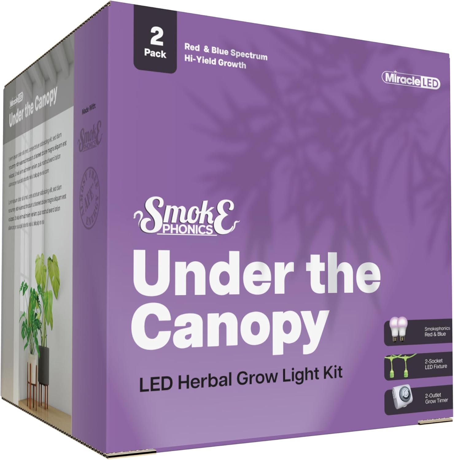 Miracle LED Smokephonics Under The Canopy Indoor Grow Light Kit - Double Plant Yield - Red & Blue Spectrum 150W Replacement Grow Bulbs & 2-Socket Corded Fixture with SproutMatic Timer (2-Pack)