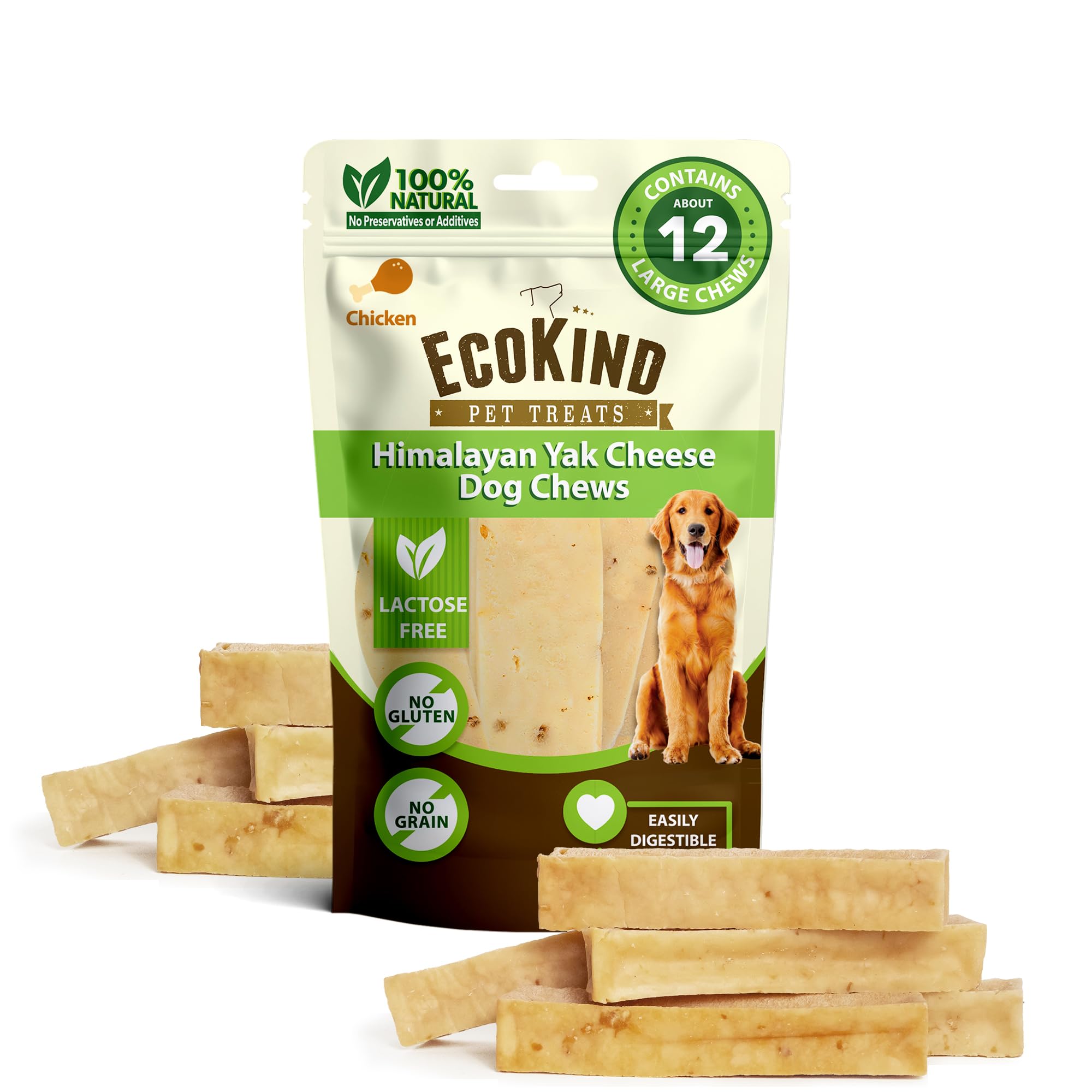 EcoKind Premium Gold Yak Cheese Himalayan Dog Chews, Dog Treats Large Breed, All Natural, High Protein Dog Chew, Chicken, Large - 12+ Chews (3 lbs)