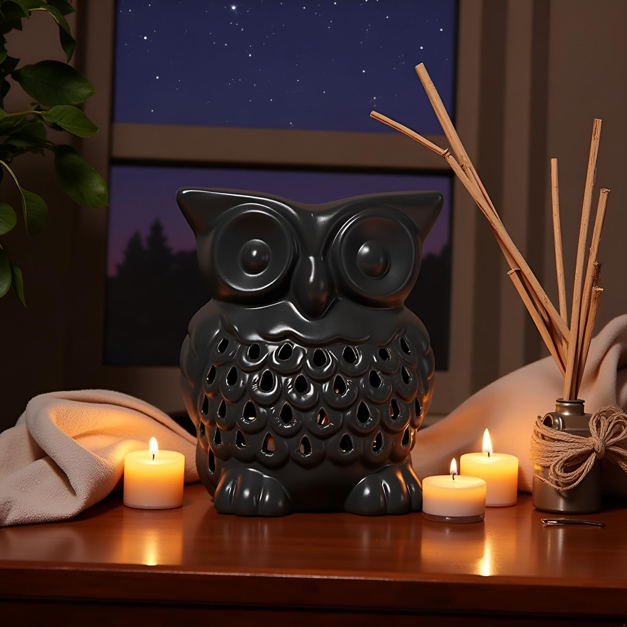 Tech Island Black Wax Burner, Owlceramic Wax Melt Burners, Wax Melts, Aromatherapy Diffuser, Oil Diffuser, Essential Oil For Diffusers For Home Decor, Air Fresheners, Room Décor (Black)