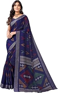 Women's Tassel & Printed Cotton Saree with Blouse(2518S206_Dark Blue)