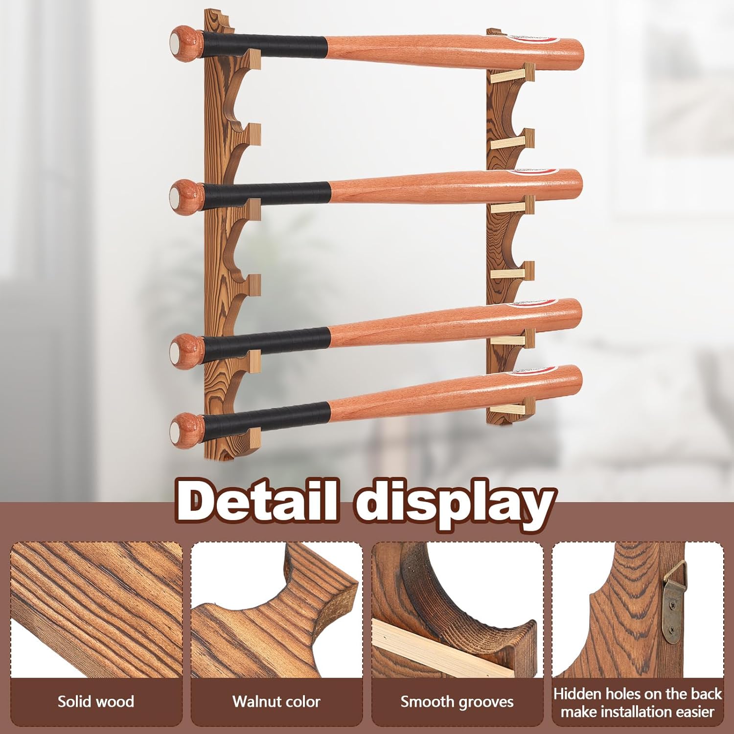 MorningRo 2 Pcs Baseball Bat Wall Mount Display Wood Bat Rack with Holders Horizontal Baseball Bats Holder with Hidden Holes Screws Anchor for Hockey Stick Memorabilia Collectible(Six,Dark Brown)