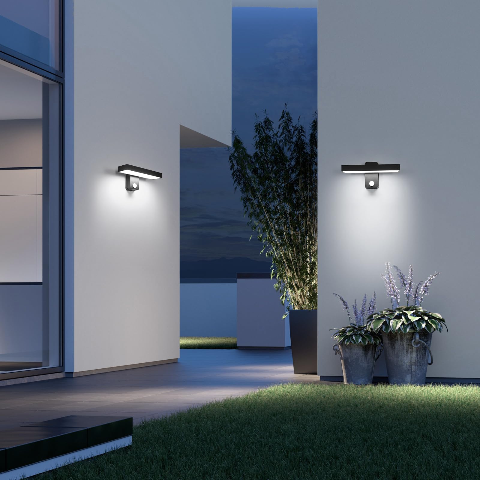 Comely 17W Lampa Zewnętrzna Z Czujnikiem Ruchu, Zewnętrzny Kinkiet Z Obracanym Panelem LED O 350°, IP65 Oświetlenie Ścienne Na Wejście Taras, Zimna Biel 6500K, Czarny