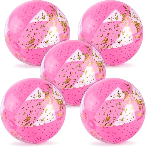 AMOR PRESENT 5 bolas de playa rosadas, bolas inflables de playa con purpurina de 16 pulgadas, bolas de fiesta para niños y niños pequeños, bolas de