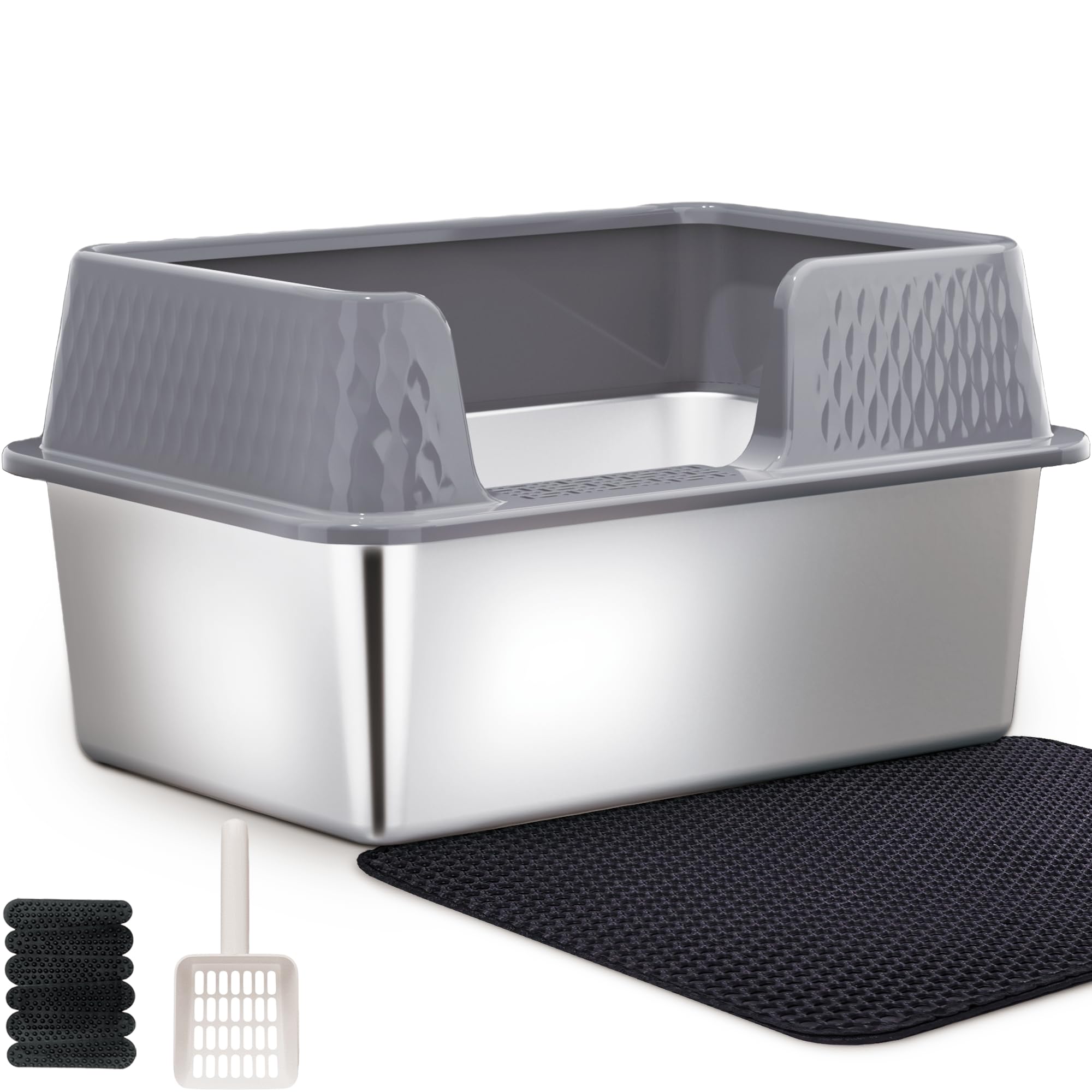 Vealind Katzenklo Edelstahl mit Deckel Groß Katzentoilette Metall Katzenklo Hoher Rand Offen Katzentoiletten Große Katzen Cat Litter Box