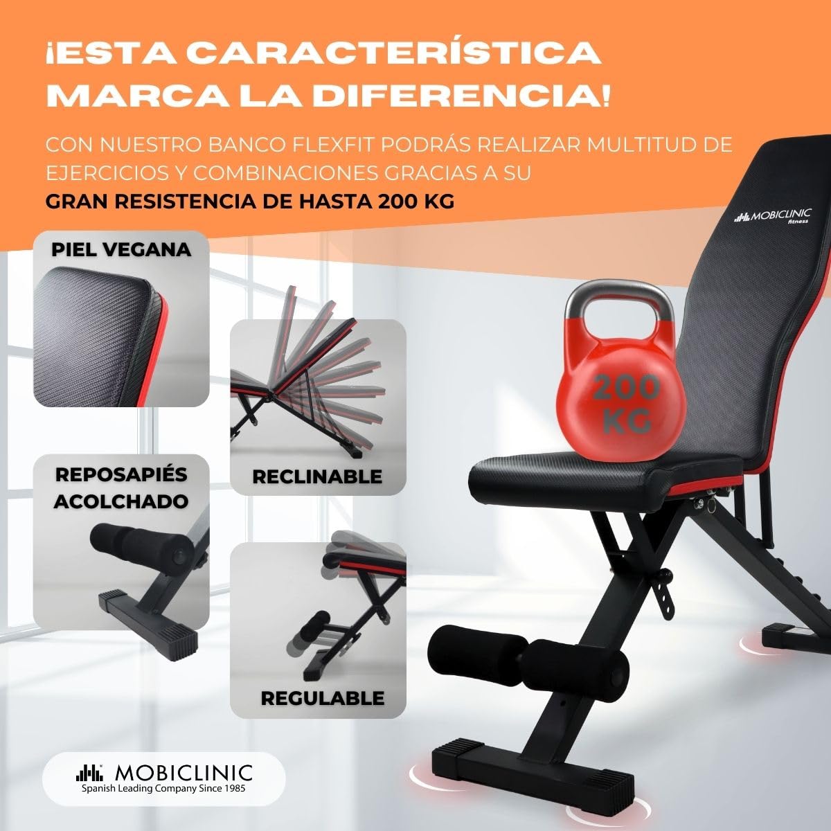 Mobiclinic® fitness, Banco de musculación, Plegable, Soporta 200kg, Asiento y respaldo regulable, Flexfit, Multifunción, Pesas, Entrena cuerpo completo, Resistente estable, Gym en casa