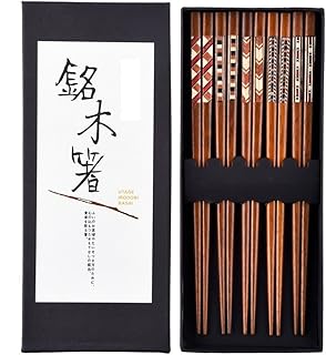 Set di 5 paia di bacchette giapponesi in legno, riutilizzabili, naturali, lavabili per lavastoviglie, bacchette in legno, set da tavola cinese, con lussuosa scatola nera fatta a mano