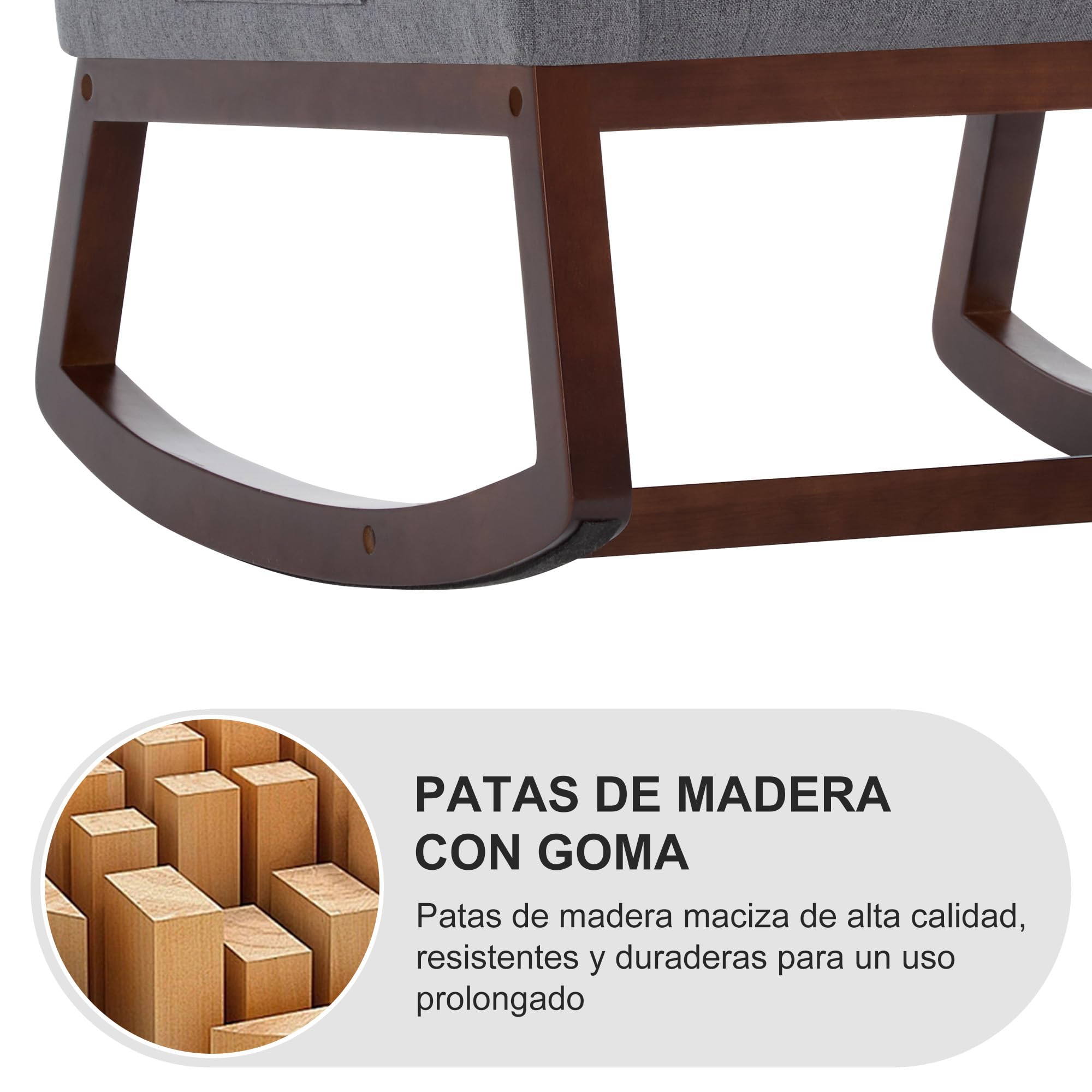 Silla Mecedora de Lactancia Lino, Respaldo Alto, Bolsillos Laterales, Patas de Madera (Gris Carbón)