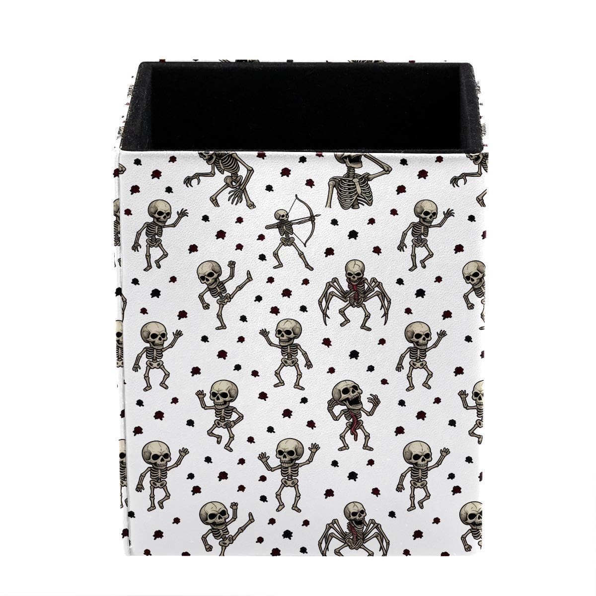 HEOEH Skeletons Pen Holder Pen Pot, Square Pencil Cup for Desk