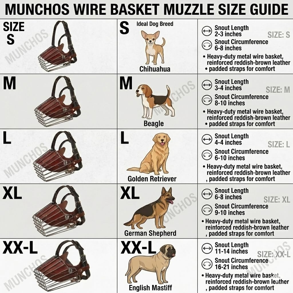 Munchos Iron Cage Style Dog Basket Wire Muzzle with Adjustable Leather Strap (Medium) 2