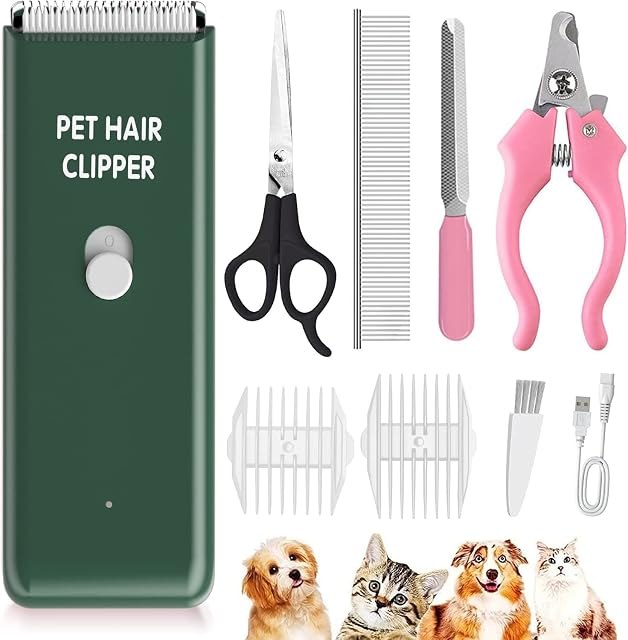 Favrison Clippers pour chiens, Kit professionnel de grooming pour chat mat, Rasoir de chat sans fil silencieux, Trimmers pour chien rechargeable, Cliper pour chat à cheveux pour chat (vert)