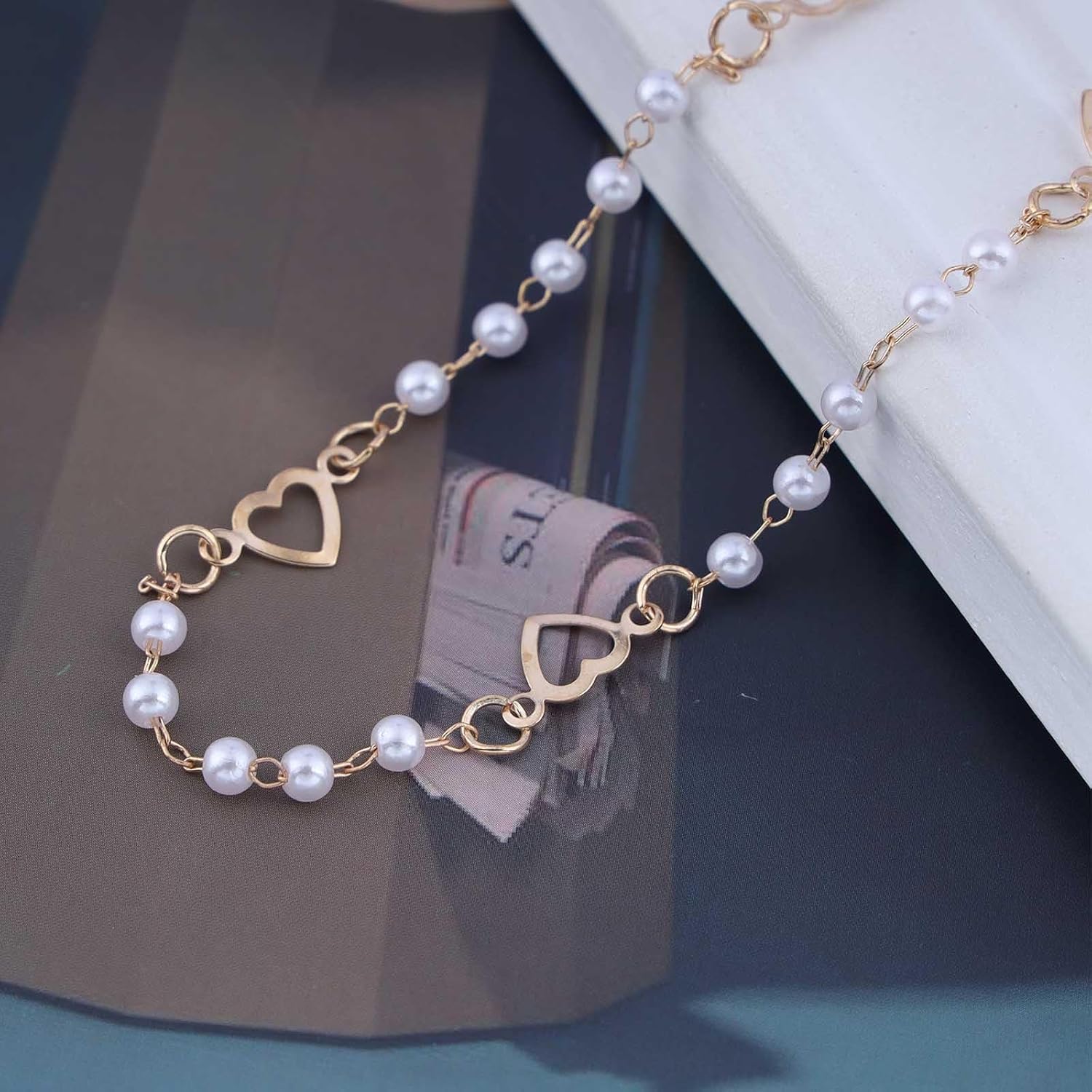 Andelaisi Boho Pearl Ankle Bracelet Gold Pearl Bead Anklet Bracelet Vintage Love Heart Anklet Minimalist Hollow Heart Anklet Foot Chain Jewelry for Women - Image 3