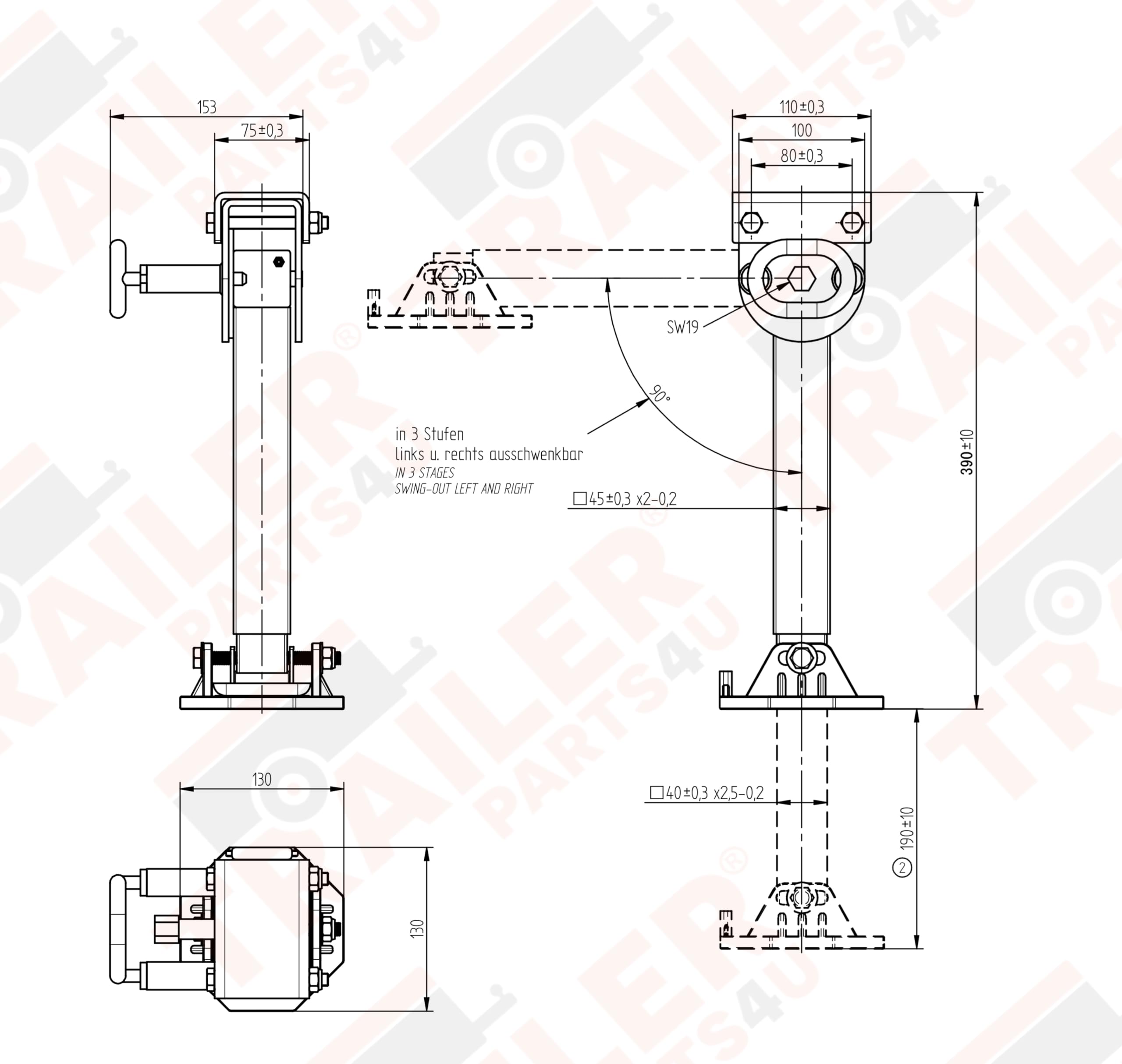 trailer parts4u Set Knott Schwenkstützen inklusive Kurbel 410mm 600kg Ausdrehstütze Kurbelstütze ausdrehbar schwenkbar PKW Anhänger 426310.001