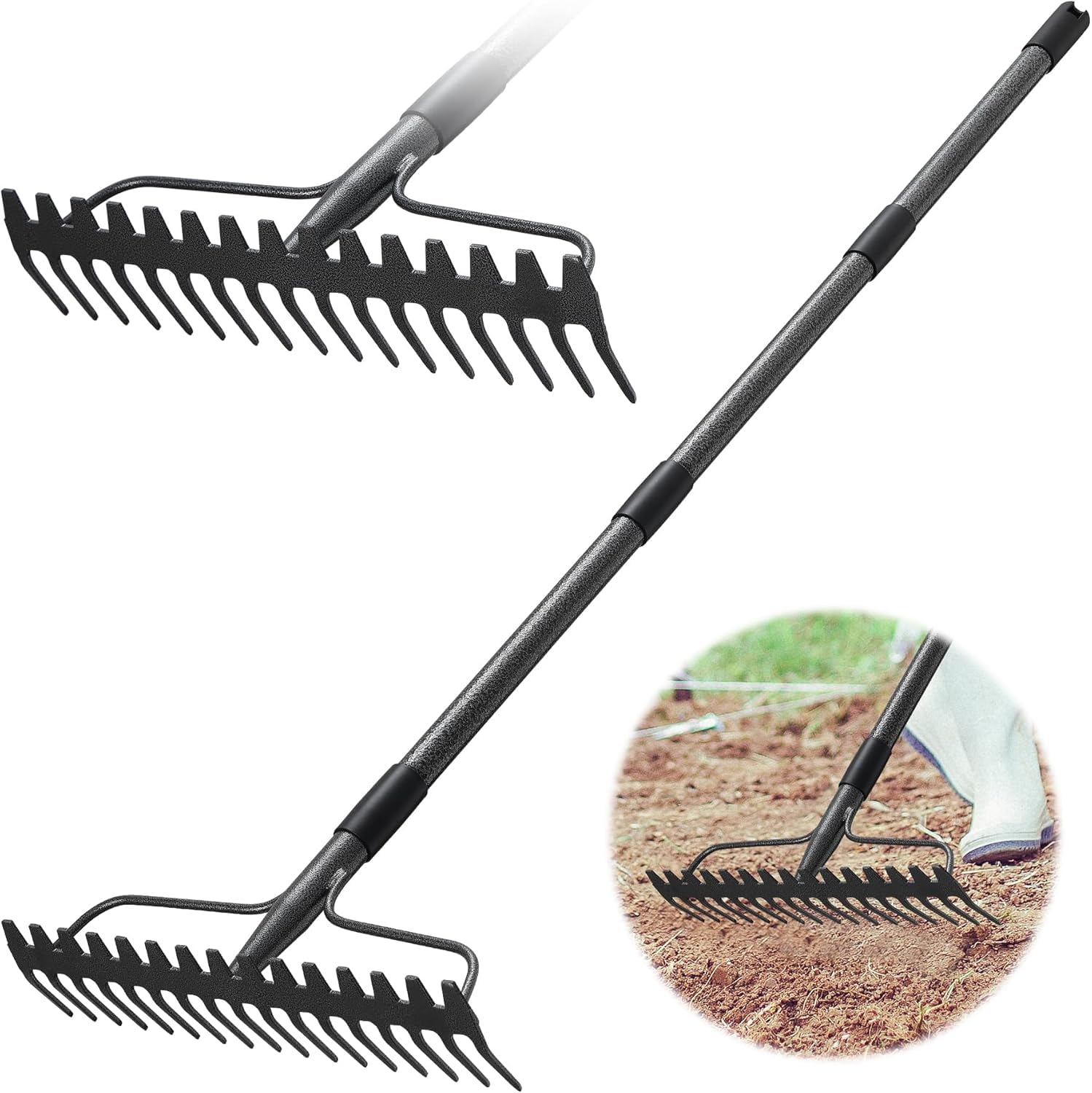 Booghark, metalen hark, 17 tanden, robuuste tuinhark, 195 cm, met roestvrijstalen handgreep, grijs Booghark, metalen hark, 17 tanden, robuuste tuinhark, 195 cm, met roestvrijstalen handgreep, grijs