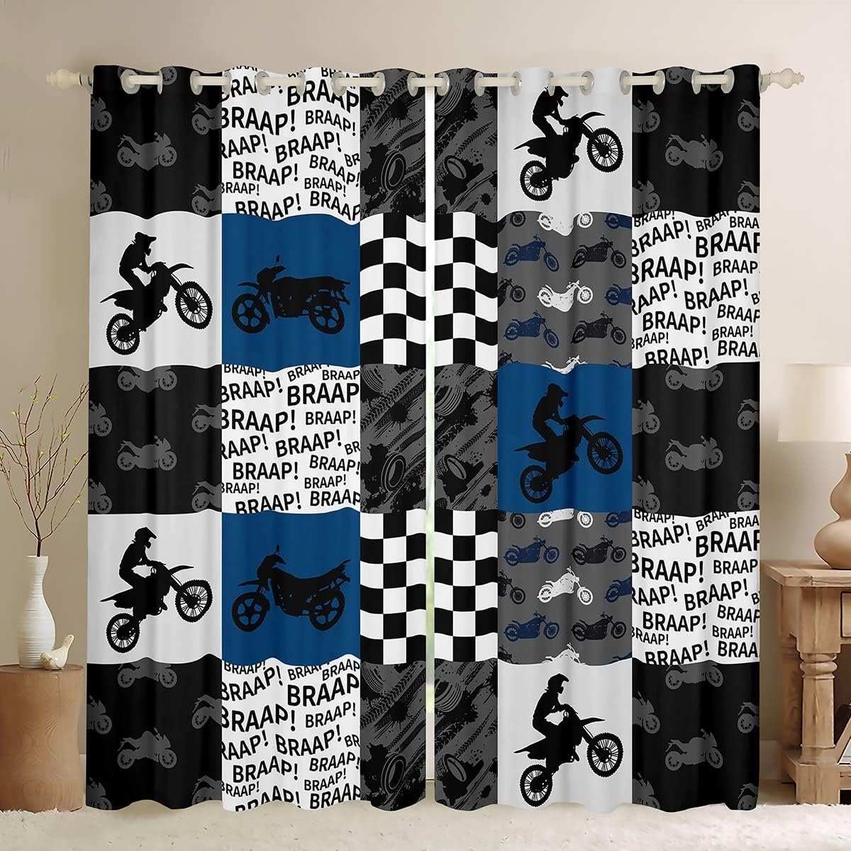 Dirt Bike Curtains Black Grey Blue Motocross Rider Window Curtain Kids Boys Teens Men Bedroom Racing Themed Patchwork Grid Window Treatment Curtain Fashion Motorcycle Silhouette Window Drapes