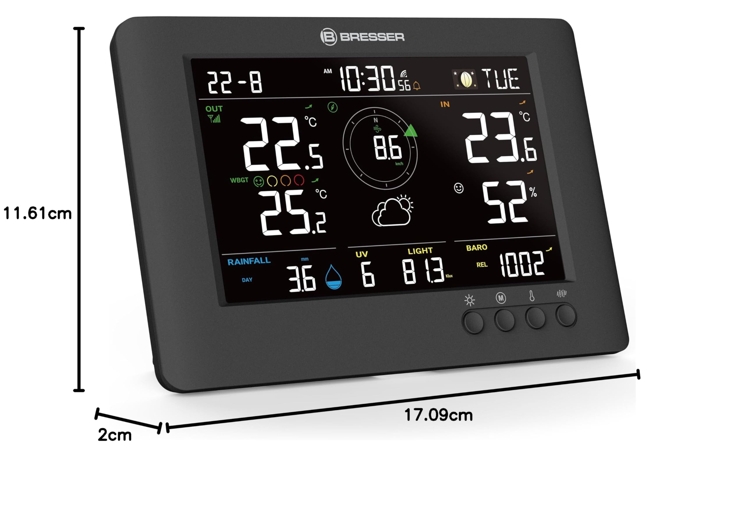 Bresser 8-in-1 ClearViewTB Wetterstation mit Hitzestress-Index, Sensirion-Sensor, 8-in-1-Multisensor, Wetterwarnungen, Max-/Min-Wertespeicher | Innentemperatur und Außentemperatur, Luftfeuchtigkeit, Regenmesser, Windmesser, Wettervorhersage, WBGT, Hitzein