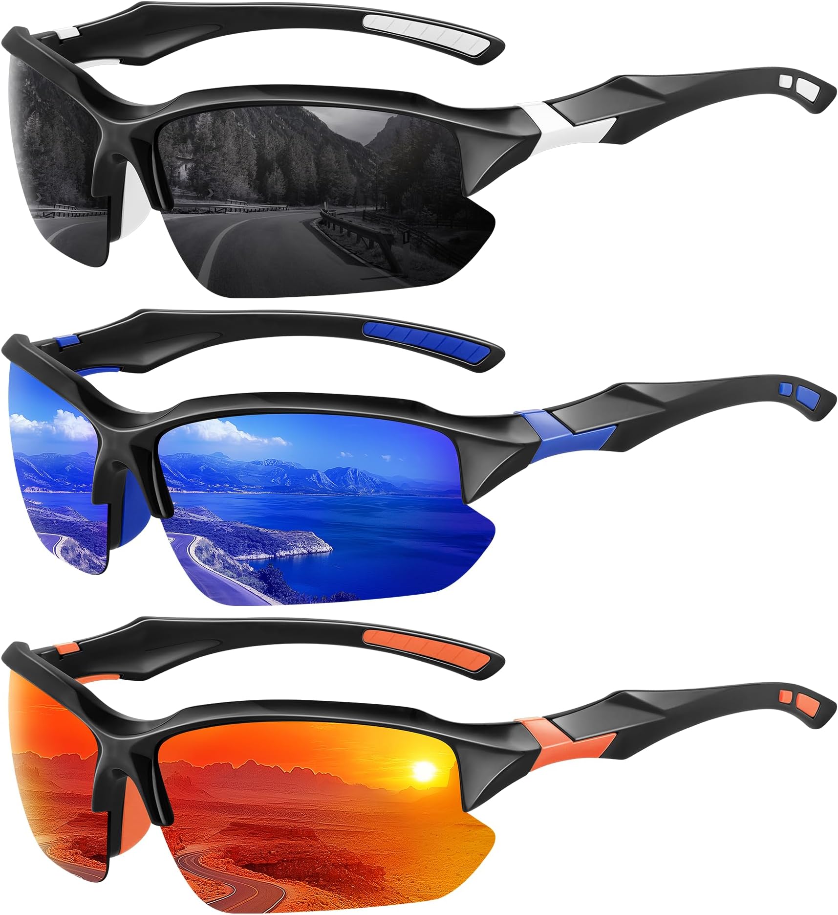 3 Pack Polarized Sports Sunglasses for Men, UV Protection Half Frame Sunglasses Comfortable for Running Cycling Driving