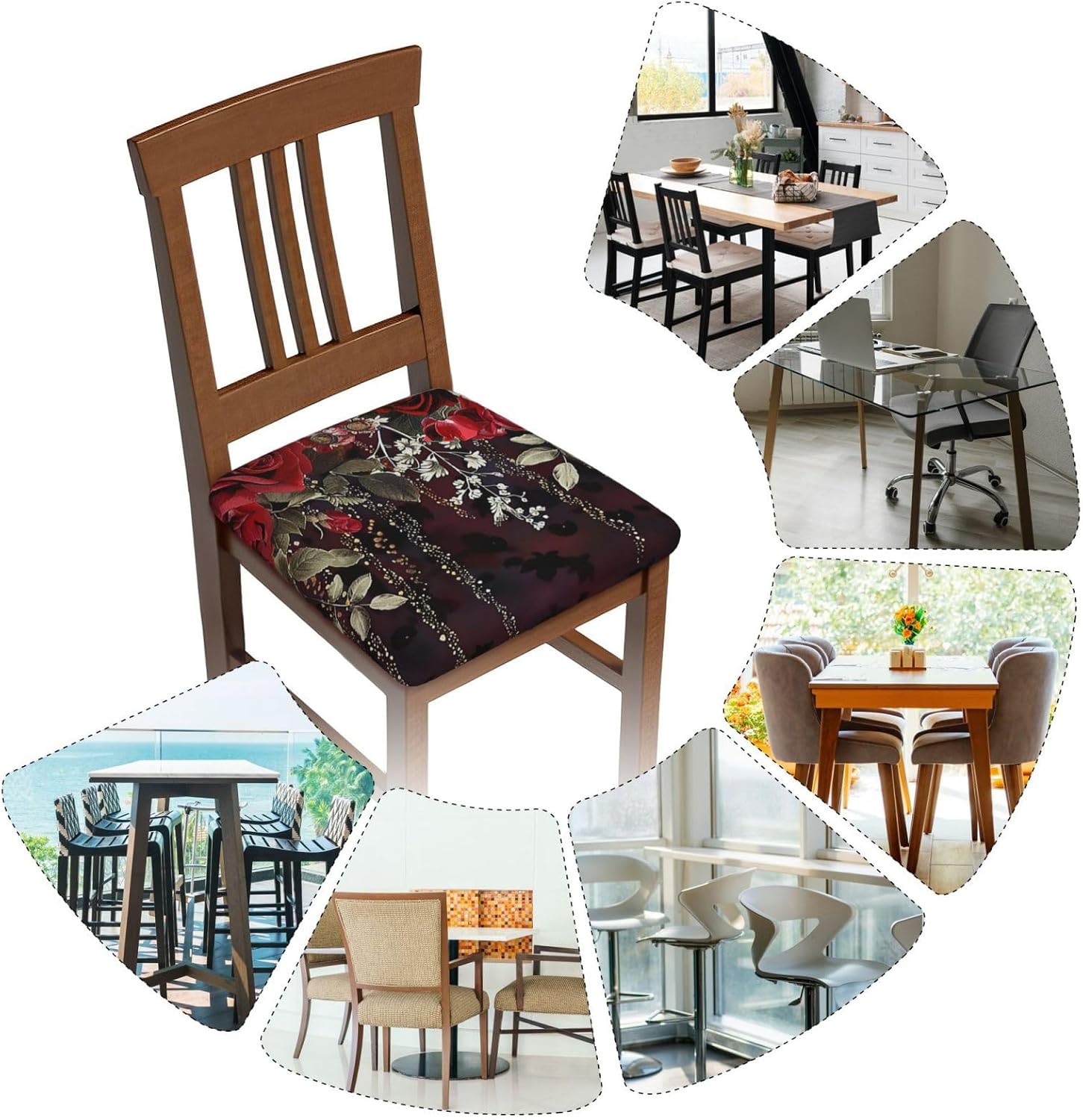 Red Rose Floral Print Square Cushion Covers 6 Pcs Set Elastic Non-Slip Seat Cushion Slipcovers Pet Furniture Protectors for Chair, Sofa