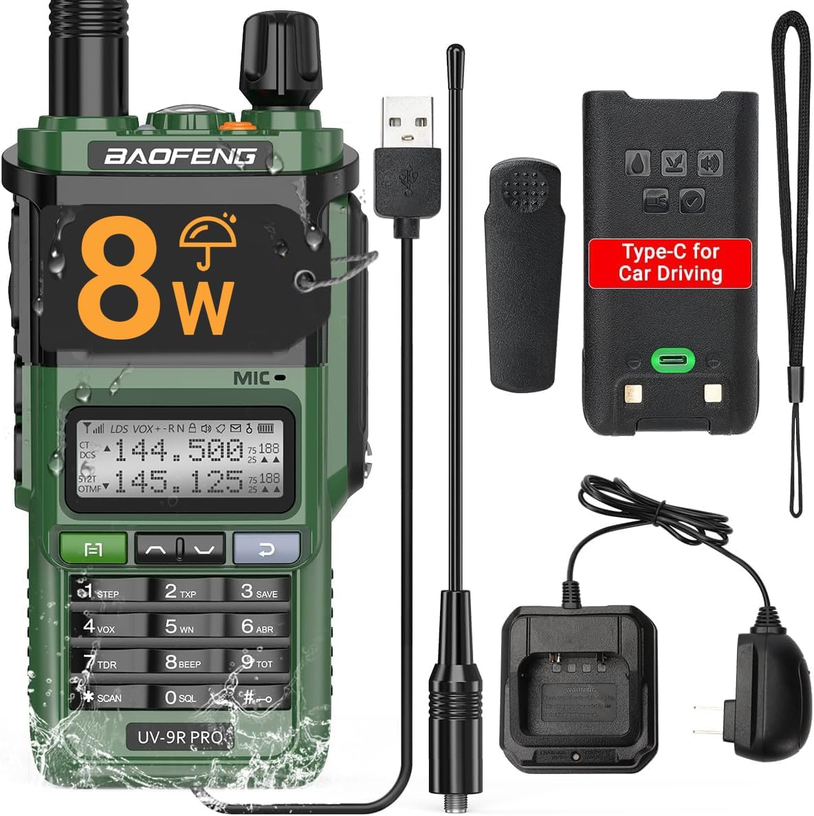Baofeng Radio Ham Radio UV-9R Pro 8W Long Range VHF UHF Dual Band Tri- Power Rechargeable Handheld Two-Way Radio Walkie Talkies with Type-C Charging Cable for Camping Hunting Survival Gear