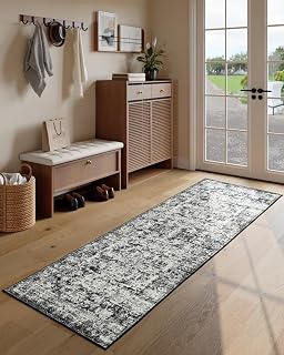 Unirea 2x6 Grey Runner Rug, Washable Non Slip Vintage Rug for Hallway, Kitchen, Bathroom, Laundry Room, Entryway, Bedroom, Soft Boho Door Mat Indoor Entrance Bug Rugs, Low Pile Carpet