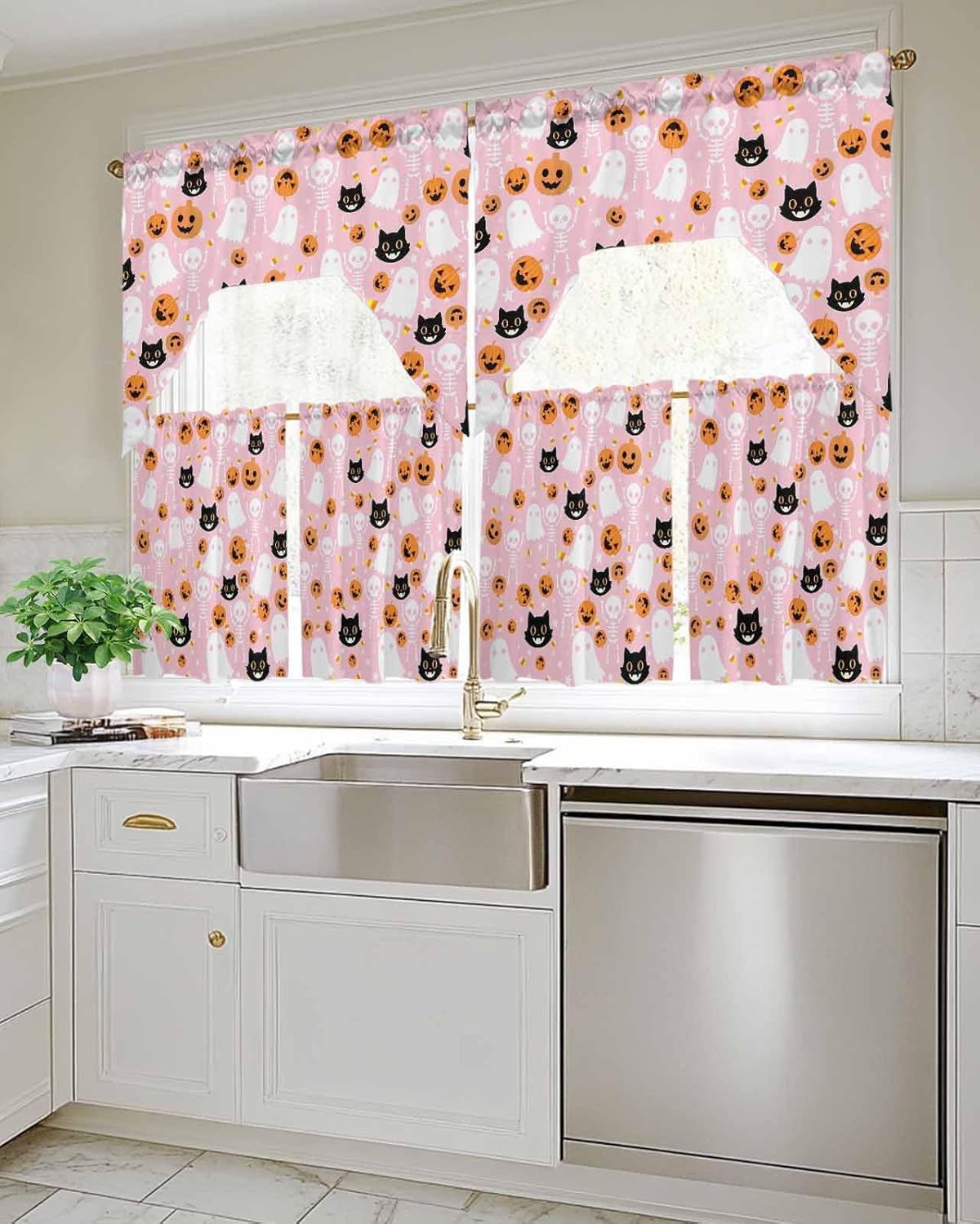 Halloween Pink Kitchen Curtains and Valance Set,Black White Ghost Orange Skull Pumpkin Short Swag Tier Curtain 36 Inch Length for Cafe Bedroom Bathroom Drapes 3 Piece Rod Pocket Window Treatment