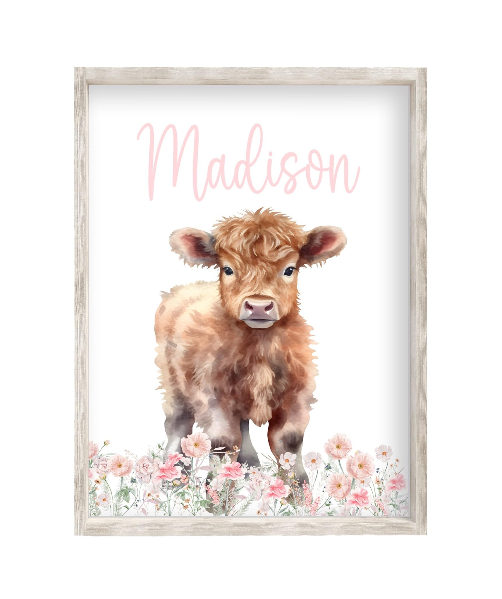 Personalized Watercolor Highland Cow Farmhouse Pink Wildflower Baby Girl Nursery Decor Unframed Print