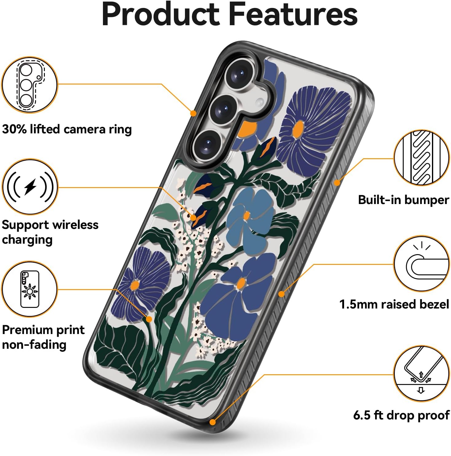 Rosarnnah Compatible for Samsung Galaxy S25 Case Cute Aesthetic - Durable Shockproof 6.6 ft Drop Impact Phone Case Cover with Funny Fashion Passiflora Caerulea Design 6.2" Black