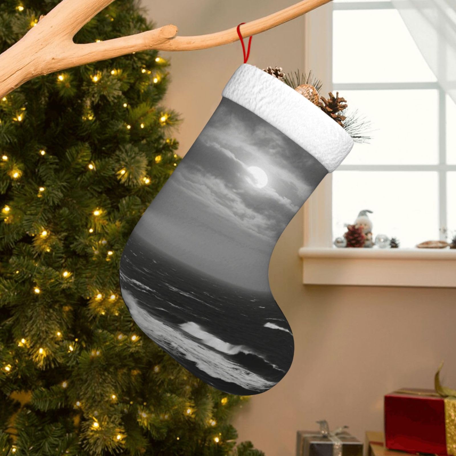 Velvet Christmas Stockings 17.7 Inch, Moon Over Ocean Xmas Stocking with Soft Cuff,Classic Personalized Christmas Tree Decoration for Family Holiday New Year Party Supplies