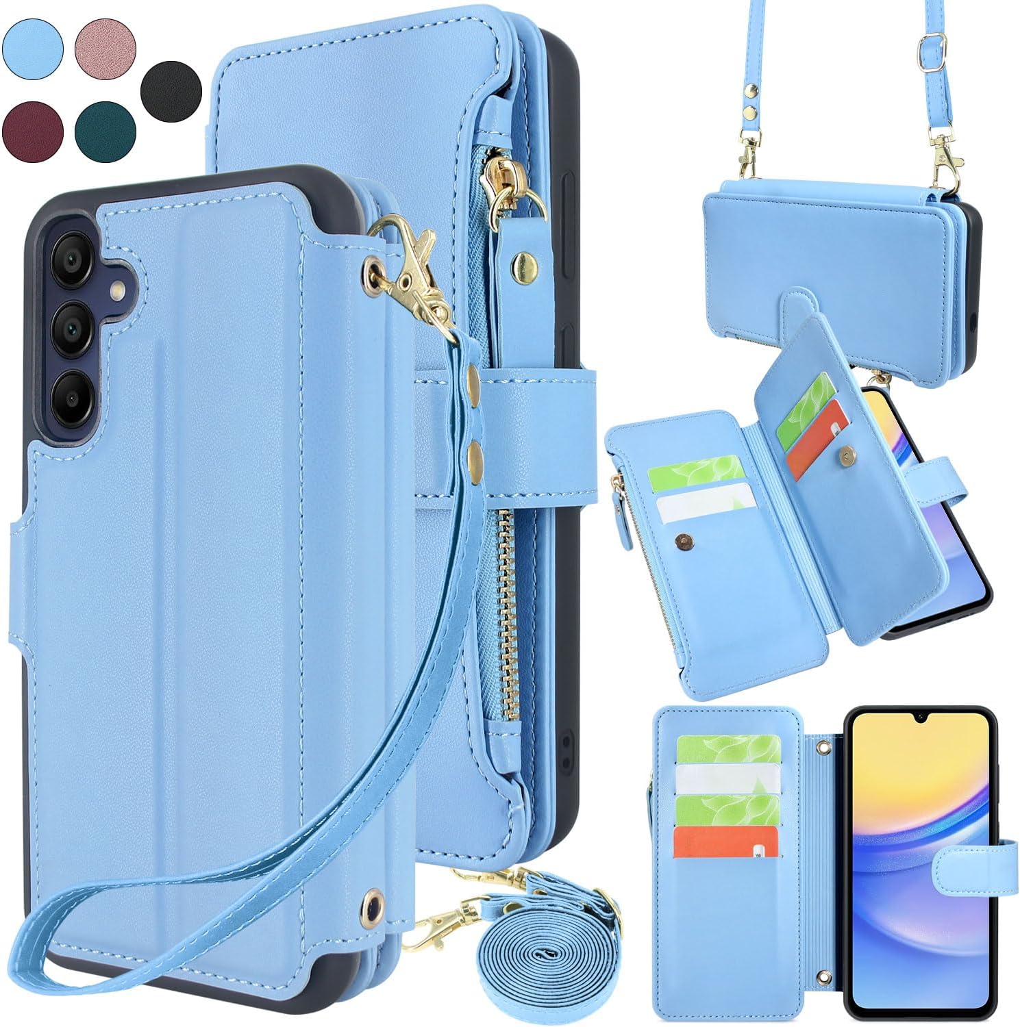 Harryshell Crossbody for Samsung Galaxy A15 5G Case Wallet [8 Card Slots] with [Theft-Scan Blocking],Cash Coin Zipper Pocket Long Shoulder & Wrist Strap for A15 5G (Sky Blue)