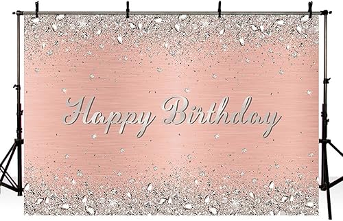 Miniatura 3 de MEHOFOND Decoración de fiesta de cumpleaños de oro rosa, telón de fondo brillante con diamante plateado brillante, decoración de feliz cumpleaños,