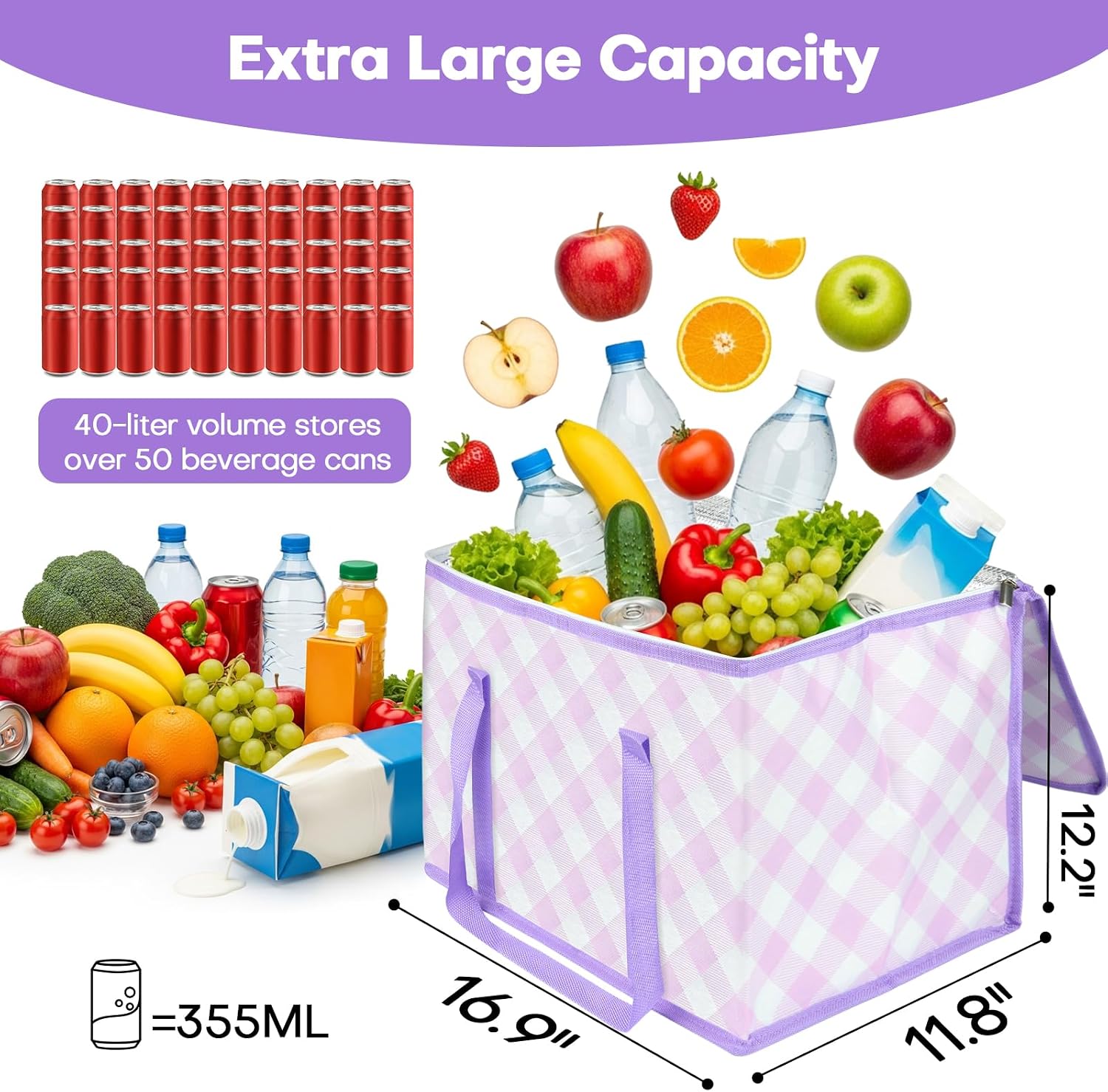 2-Pack Insulated Reusable Grocery Bag with Zippered Top, Shopping Bags, 40L X-Large Collapsible Insulated Cooler Bag for Groceries, Cooler Shopping Accessories, Purple image 4
