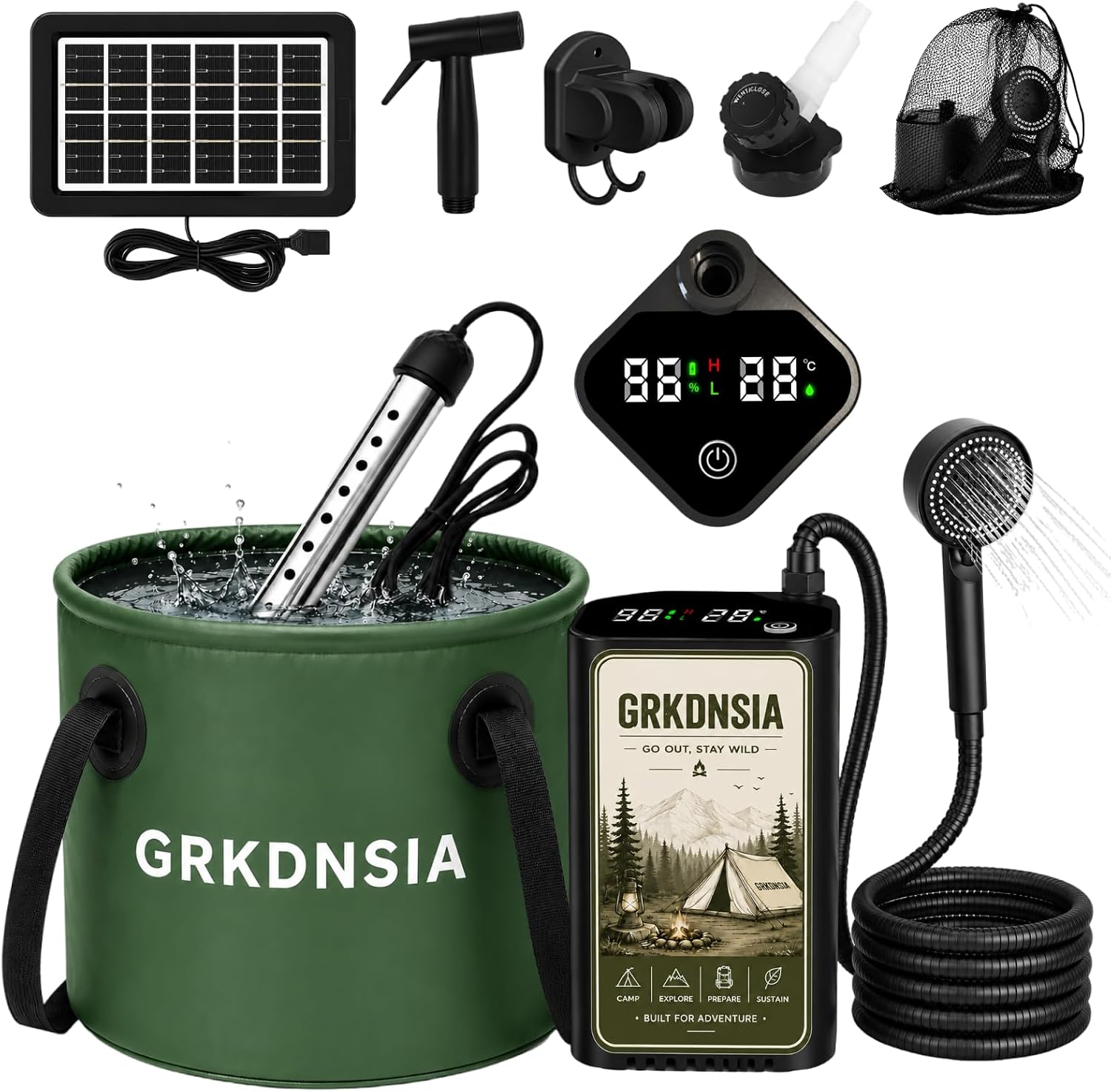 Ducha portátil con calentador para camping, panel solar USB para carga