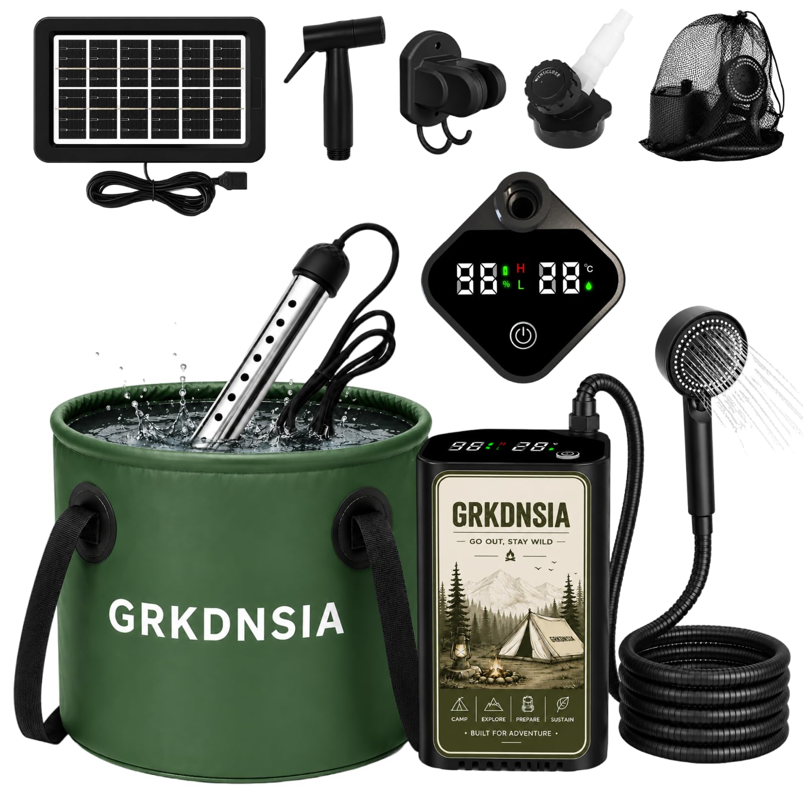 6000mAh Portable Shower Pump, 5-Gallon Foldable Water Bucket, 1500w Immersion Heater with Auto Shut-Off for Outdoor, Camping Portable Shower with Heater for USB Solar Charging Panel, Camping Shower