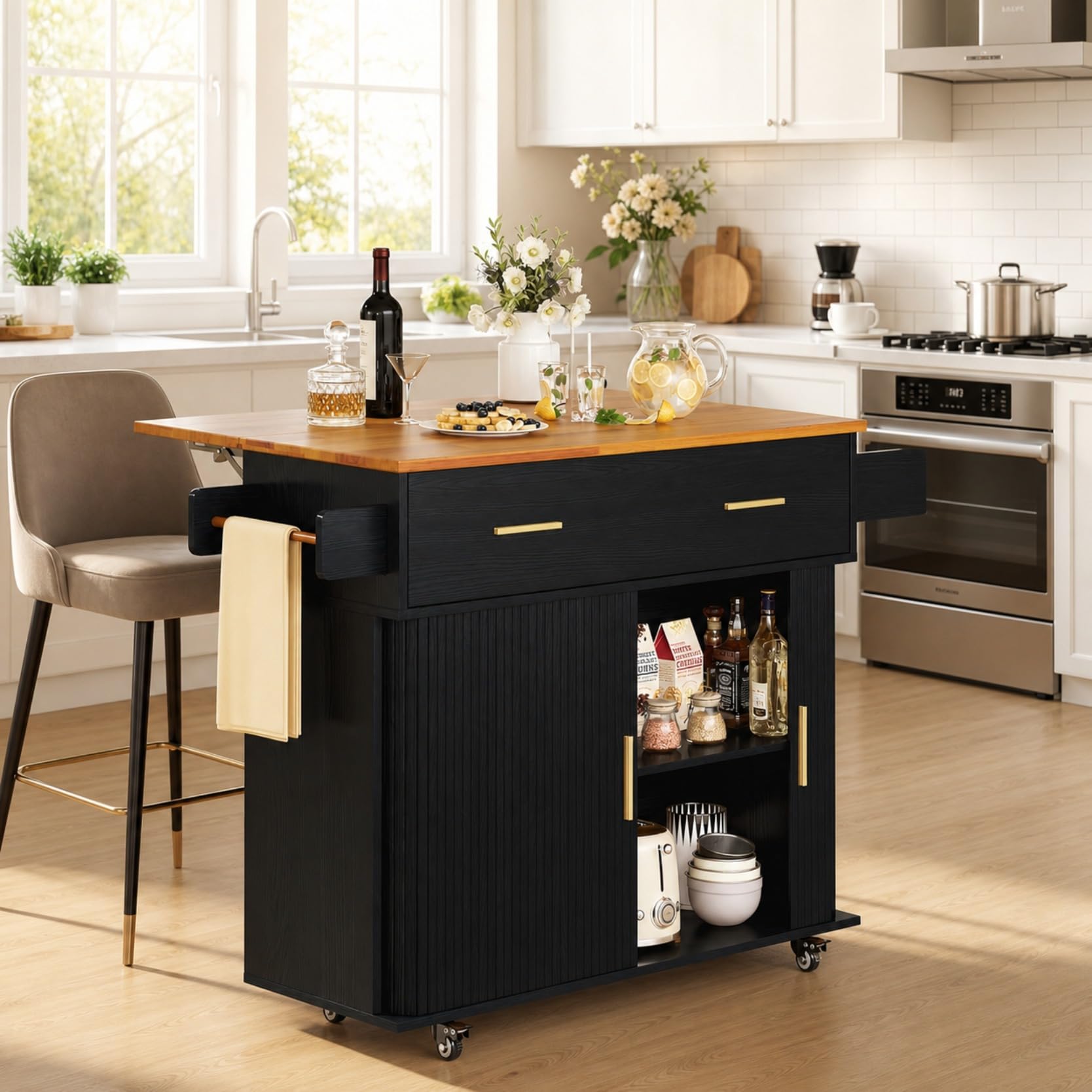 DHH Rolling Kitchen Island with Drop Leaf Countertop&amp;Ample Storage - 39.4" Small Mobile Kitchen Cart On Wheels with Sliding Door,Drawers,Spice Rack &amp; 2-Tier Storage(Black)