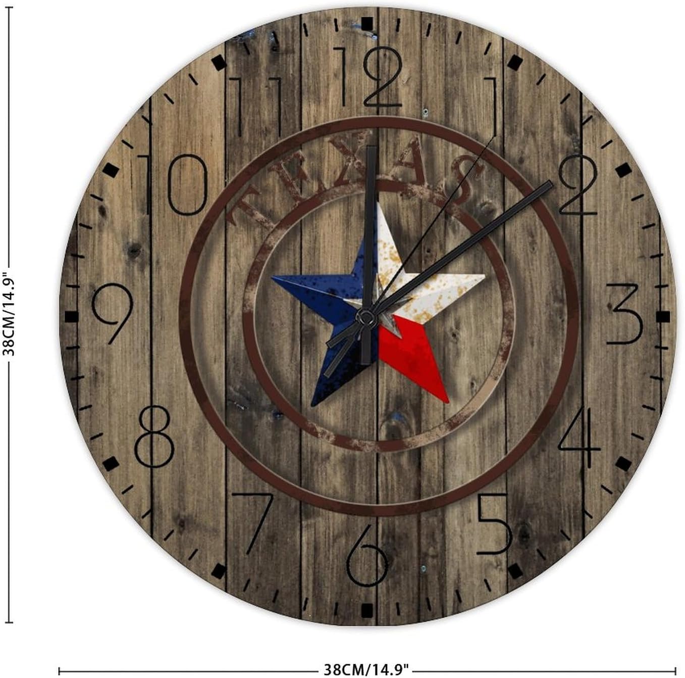Wood Hanging Wall Clock Battery Operated Non Ticking Texas Lone Star Home Map Beautiful Wall Clocks Barn Artworks Veteran's Day Home Decor for Workshop Living Room Exercise Room 15 Inch