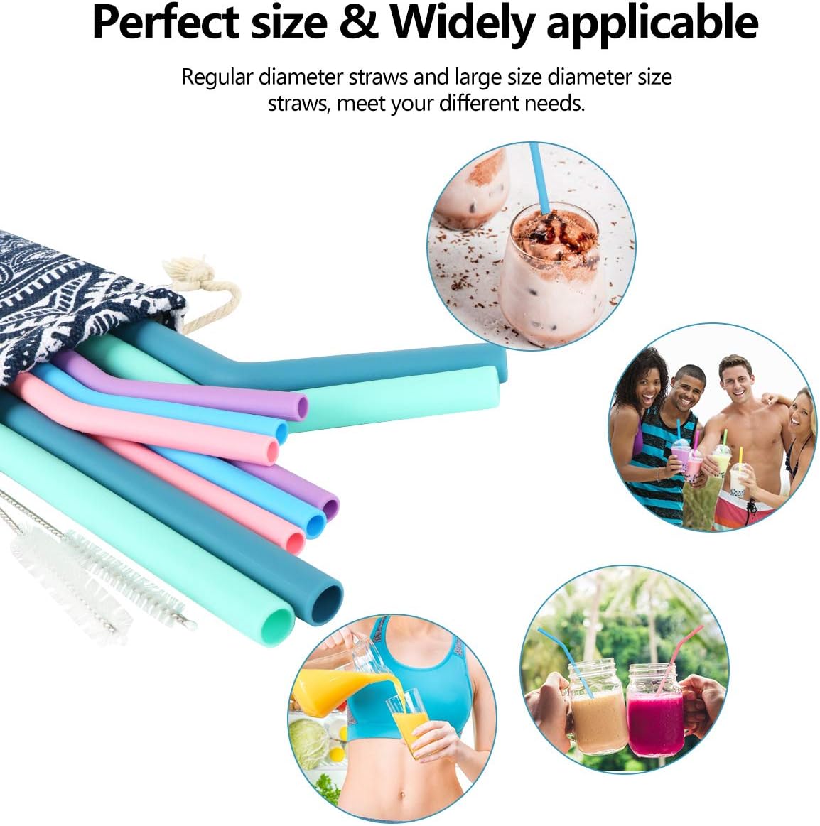 10 Pcs Reusable Silicone Straw With 2 Pcs Cleaning Brush, Silicone Drinking Straws for 20/30 oz Tumbler, for Water Soft Drinks Wine Smoothies Juice Milk (Random Storage Bag)