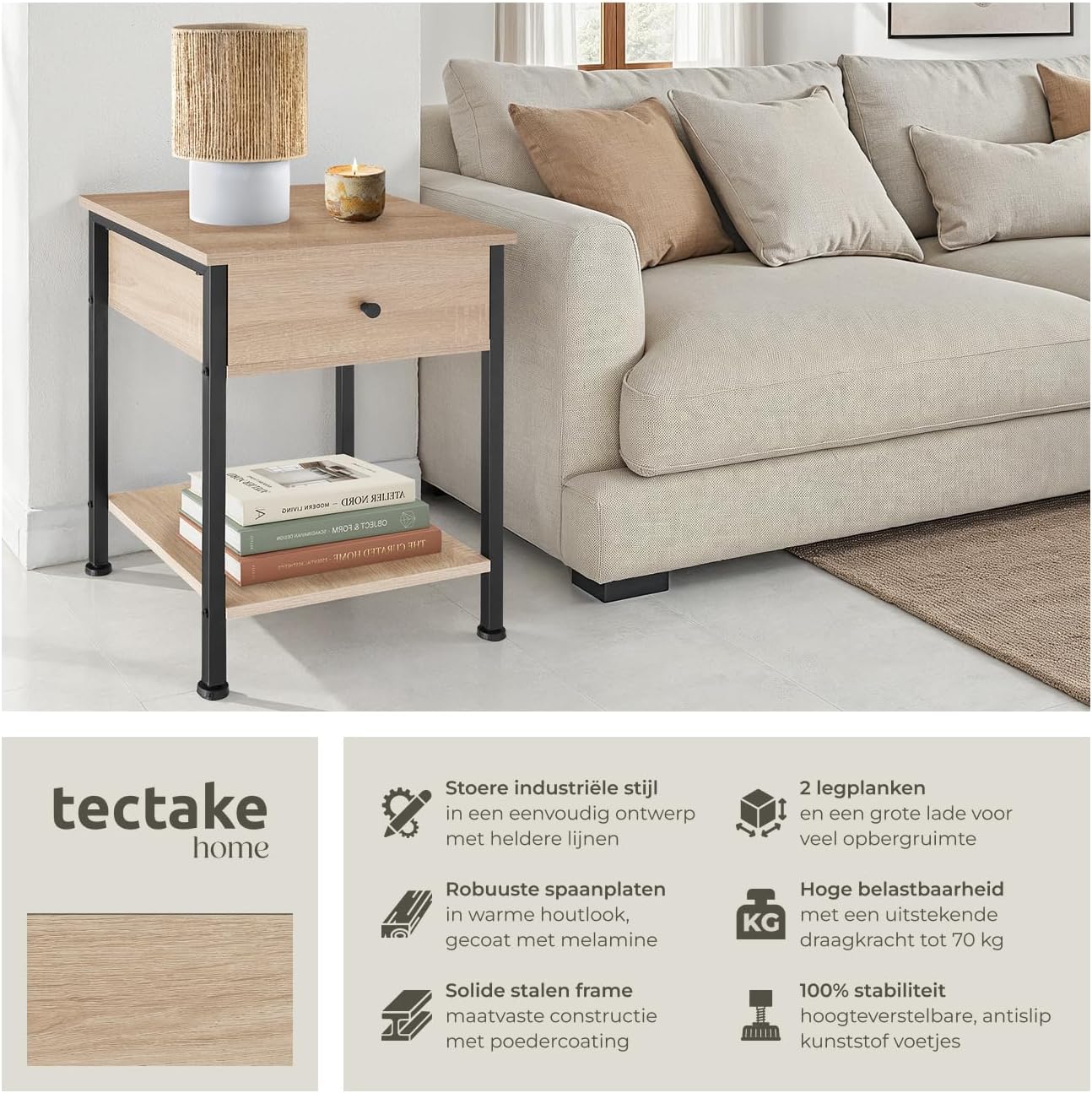 Diagram showing the dimensions of the tectake Bradford Industrial Nightstand, including overall height, width, depth, and internal drawer and shelf measurements.