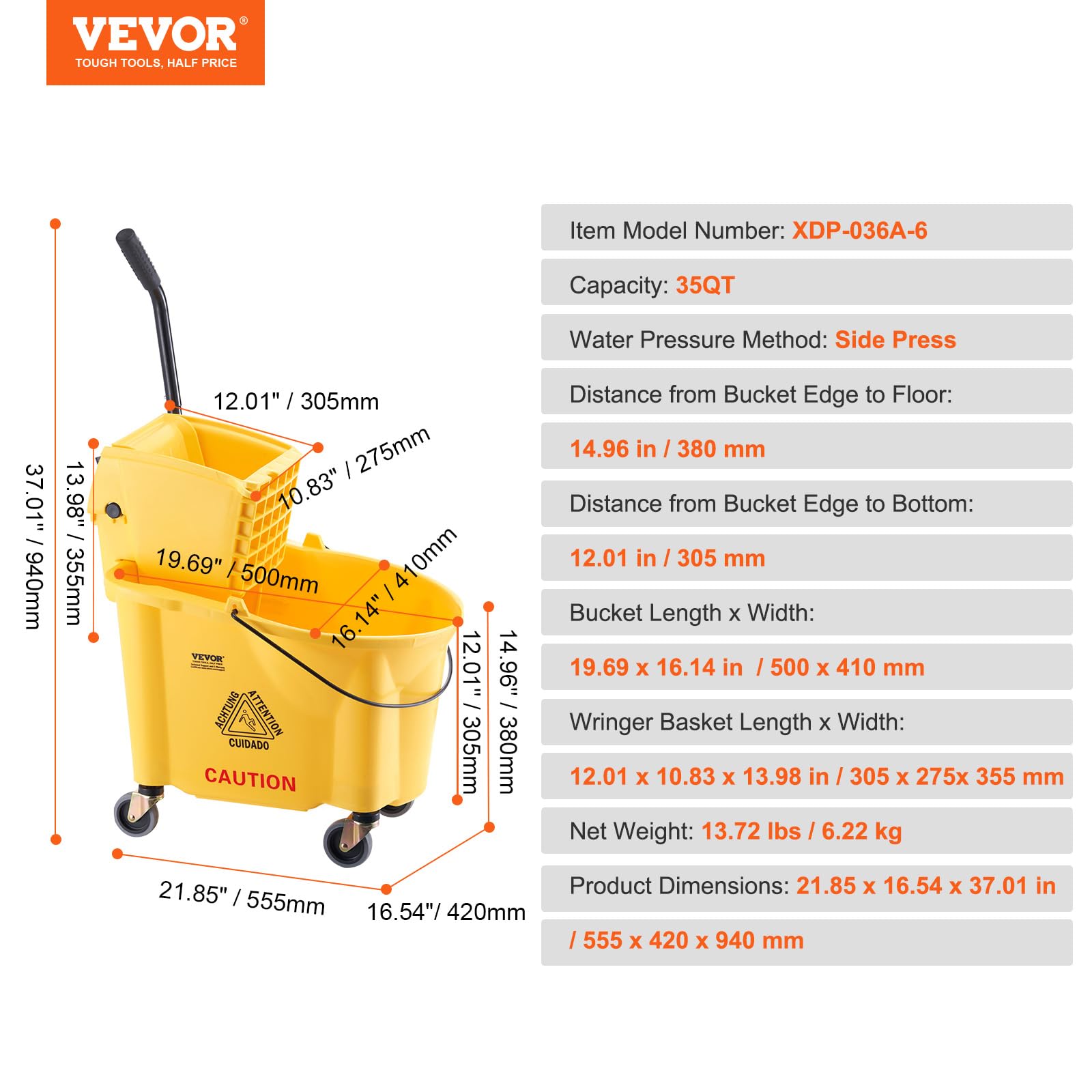 VEVOR Seau-Essoreur à Serpillière, 33 L. Seau à Frange avec Essoreuse Commercial à Pression Latérale, Chariot Lavage Sol, pour Ménage Nettoyage des Sols Professionnels/Industriels/Entreprises