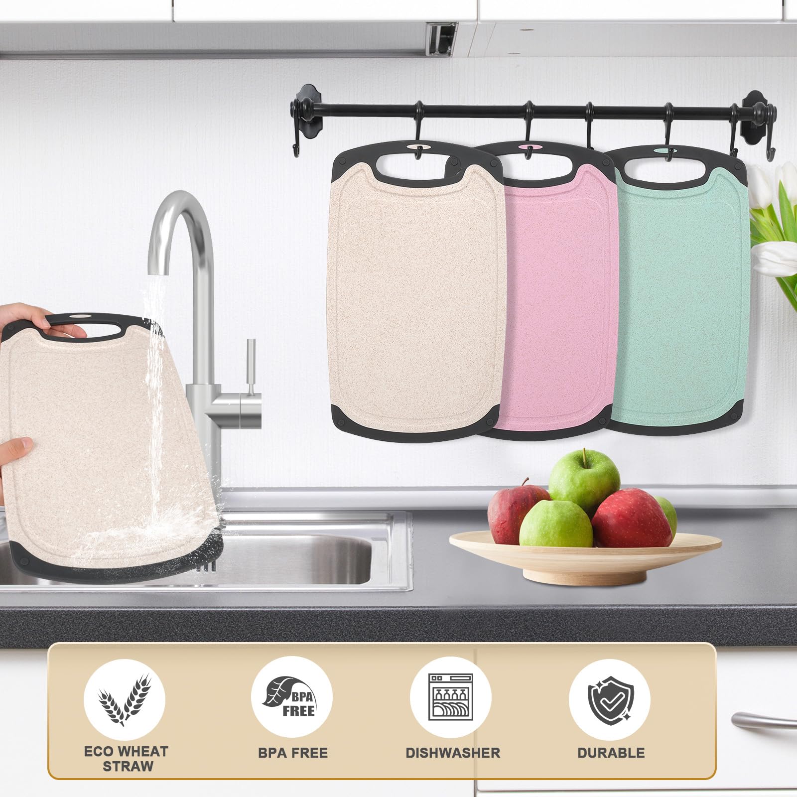 Keukensnijplank (3-delige set) -antislip eco-snijplank, BPA-vrij, vaatwasmachinebestendig, gemakkelijk te grijpen, niet poreus Keukensnijplank (3-delige set) -antislip eco-snijplank, BPA-vrij, vaatwasmachinebestendig, gemakkelijk te grijpen, niet poreus