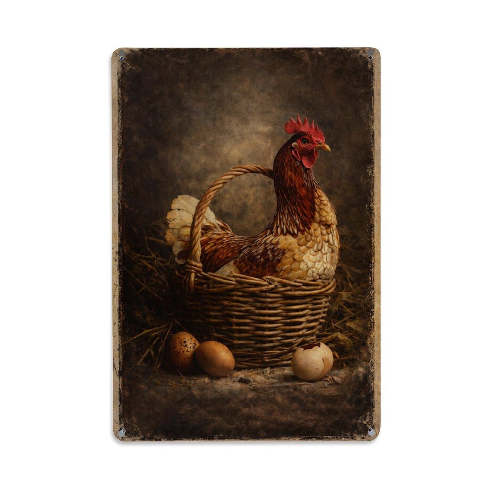 Jdfenggu Vintage Hen In Woven Basket Eggs Retro Metal Tin Sign, Metal Poster For Bar, Home, Man Cave, Kitchen, Laundry Room Art Decor 8X12 Inch