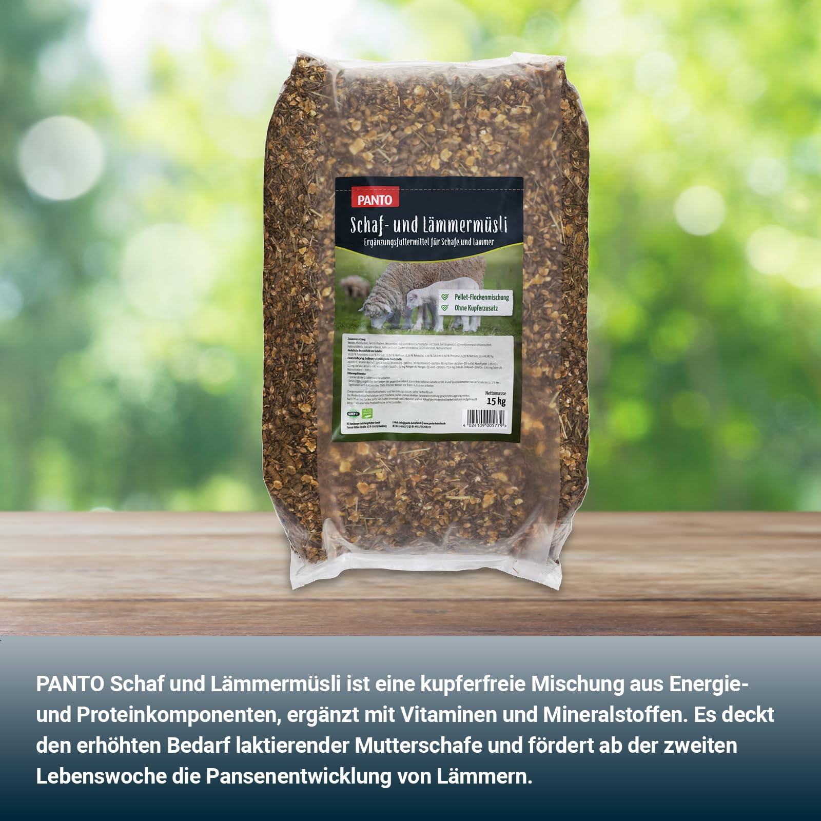 PANTO Schaf- und Lämmermüsli 15kg – hochwertiges Kraftfutter Schafe und Ziegen, Pellet-Flocken-Mischung, Schaffutter mit Vitaminen und Mineralien, für Ziegen geeignet