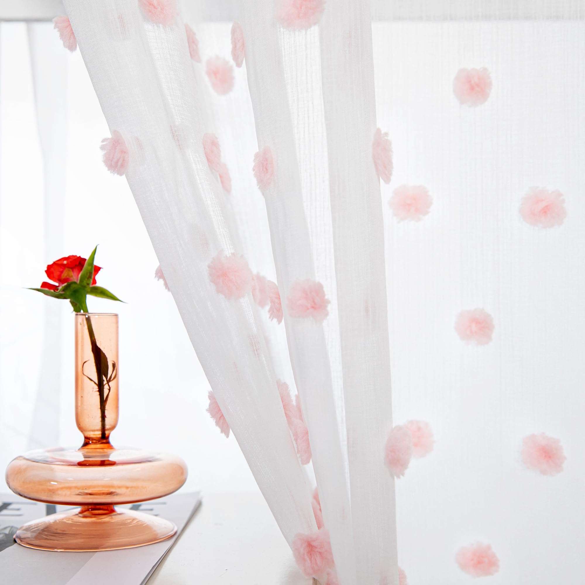 MYSKY HOME Vorhänge mit Ösen Gardinen Wohnzimmer Vorhang Transparent Dekoration für Wohnzimmer Kinderzimmer Schöne Stickerei Gardine 2er Set Modern Schlafzimmer Ösenvorhang, H 225 x B 140 cm, Rosa