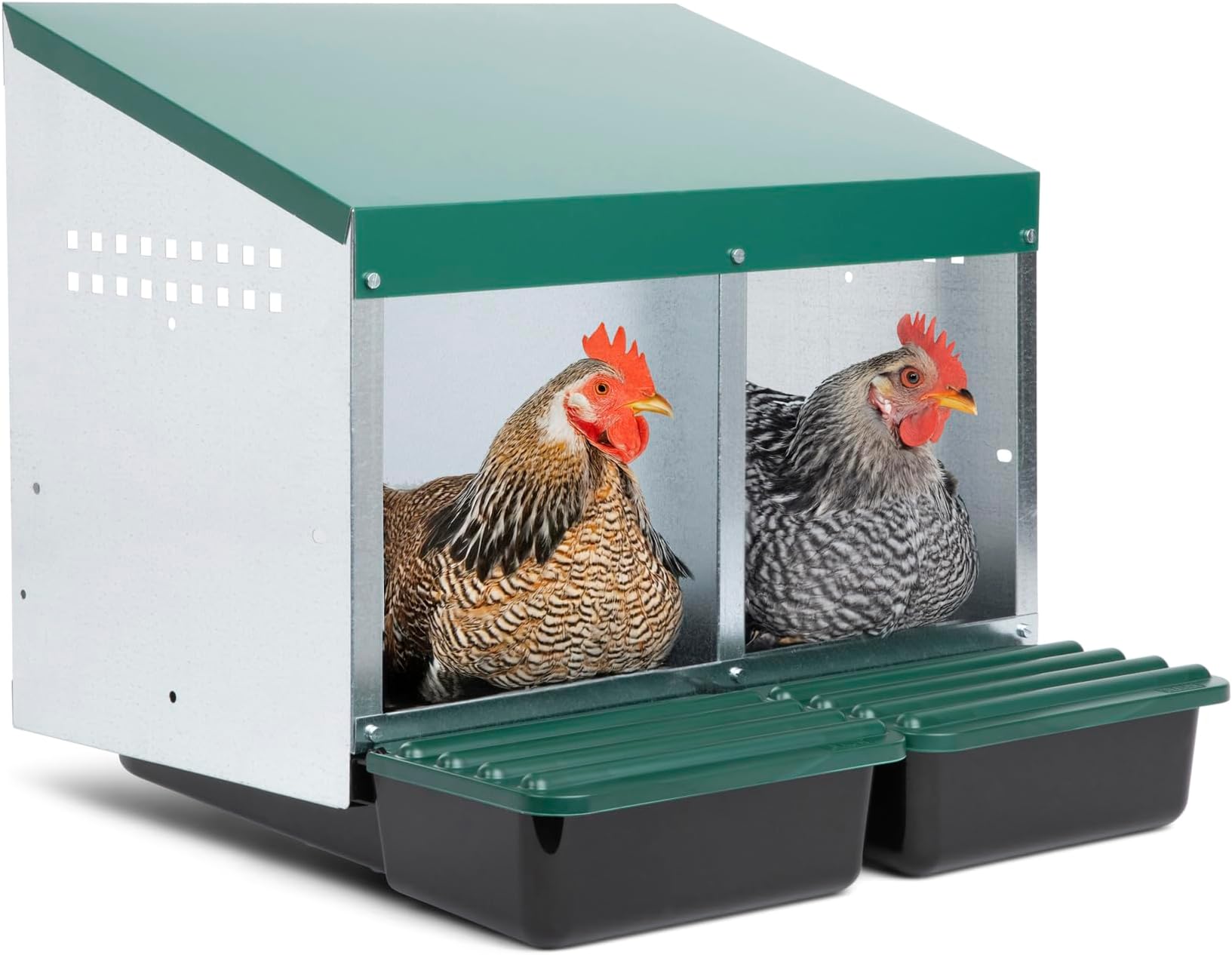 Compact Style 2 Compartment, Forward Rollout & Rollaway, Hen & Chicken Nesting Box with Protective Egg Laying Collection Lids