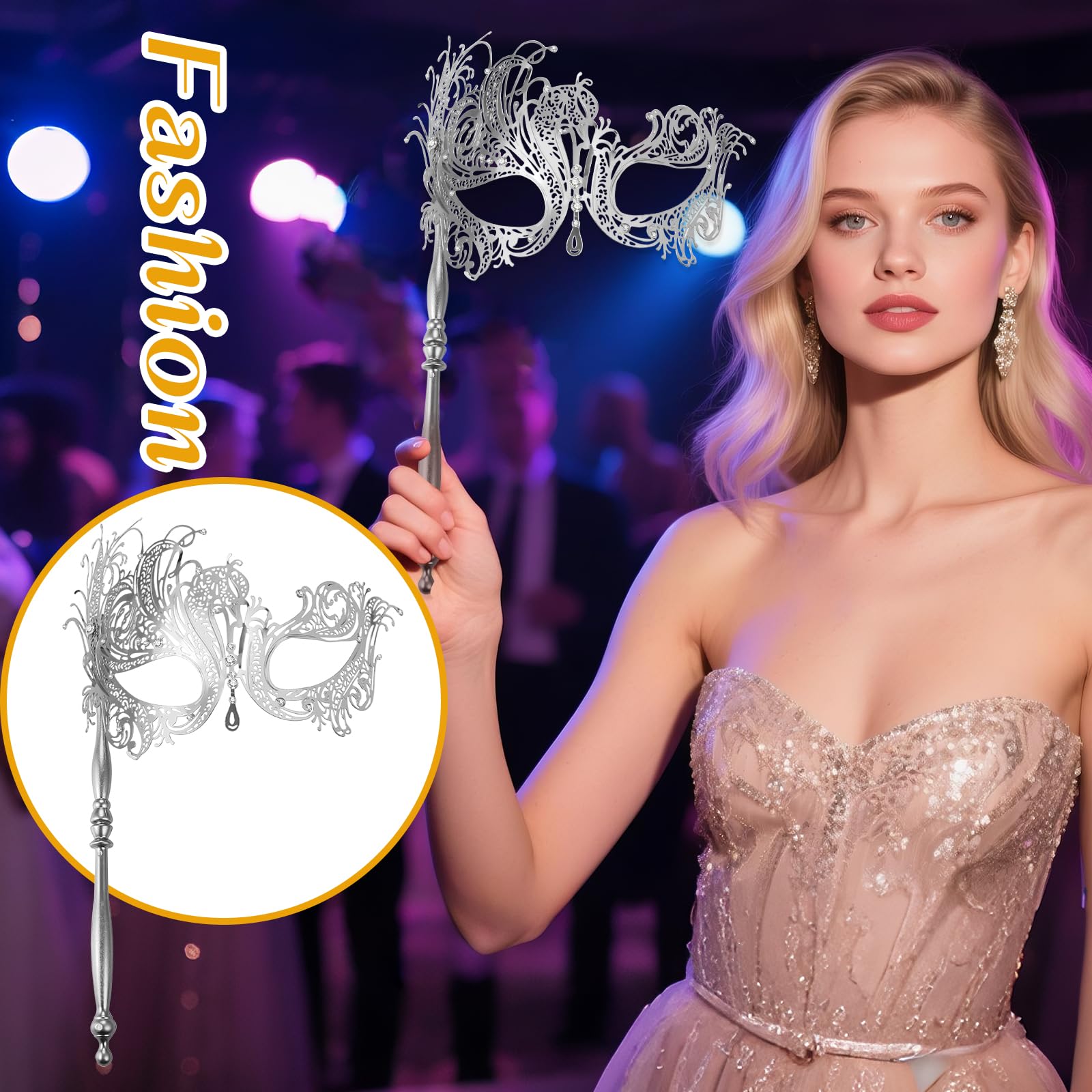 JewelryWe Women's Masquerade Masks: Venetian Rhinestone Metal Mask with Stick Costume Accessories for Halloween Mardi Gras - Image 4