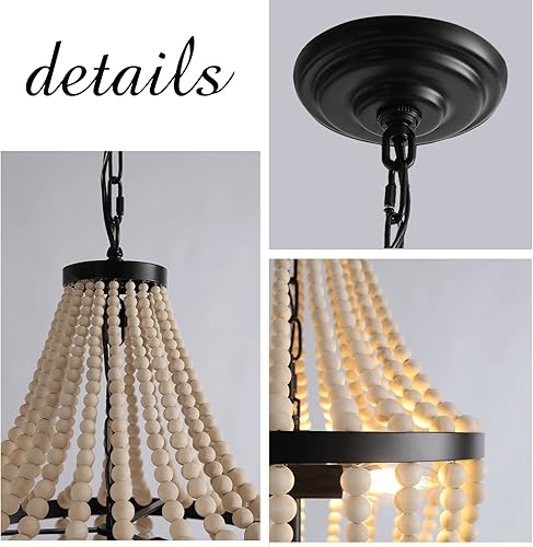Miniatura 4 de Mini candelabro de madera bohemia con cuentas de 3 luces colgante de luz bohemio acabado de metal negro cuentas de madera de color natural para baño