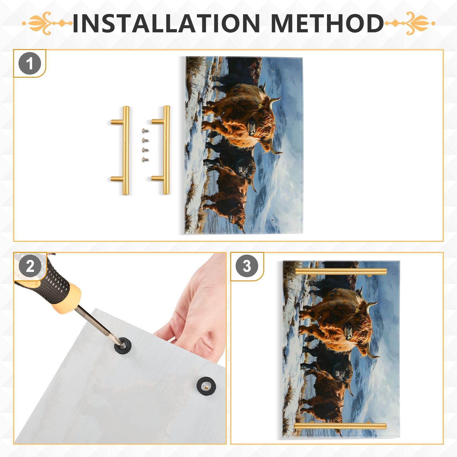 GUIJI Highland Cow Acrylic Tray, Perfume Cosmetic Jewelry Decorative Trays Bathtub Organizer, Living Room Kitchen Serving Tray with Gold Handles