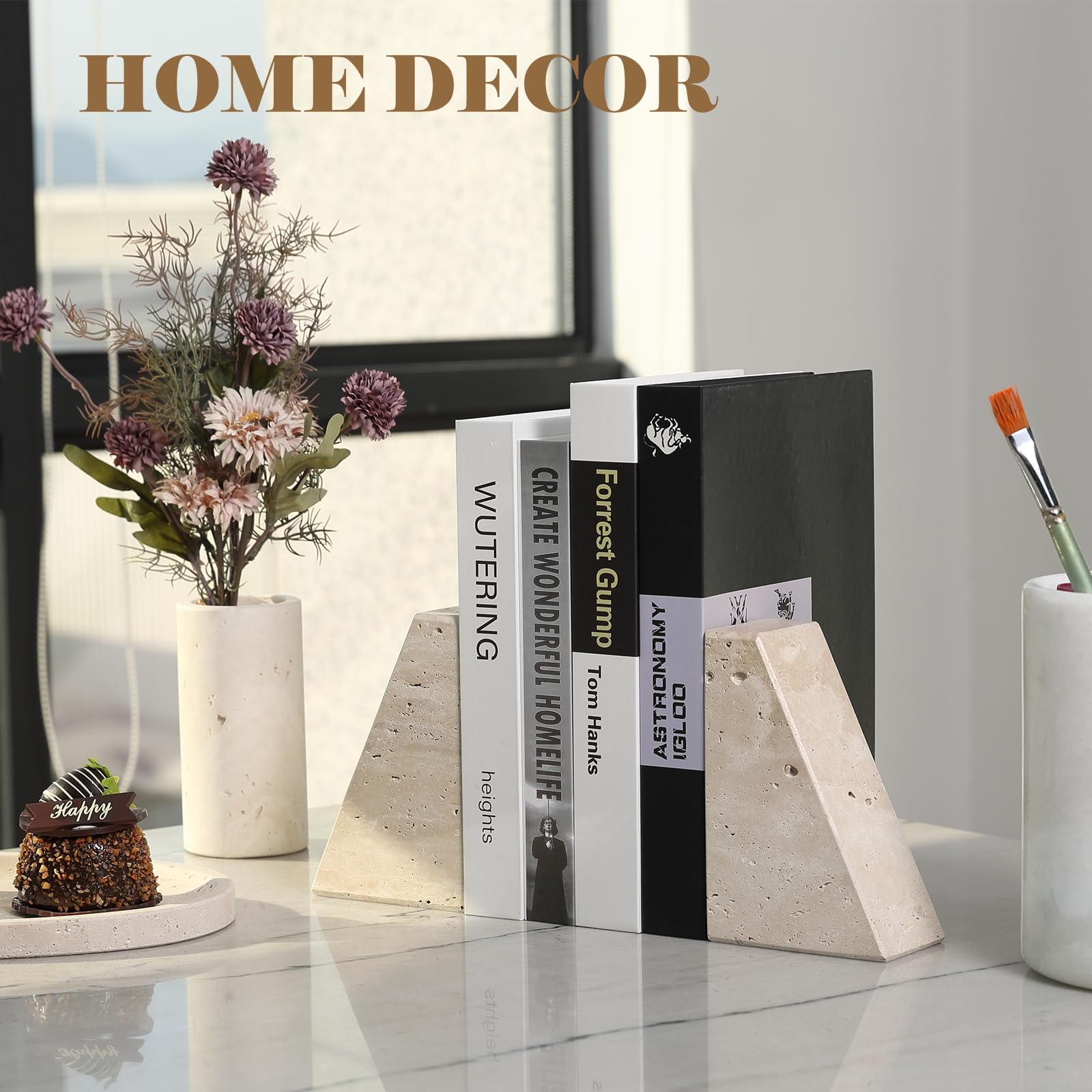 Karibiber Travertino Italy - Sujetalibros decorativos de mármol para estantes, sujetalibros de piedra resistentes para libros de tapa dura y libros de cocina, tapón y soporte únicos para libros