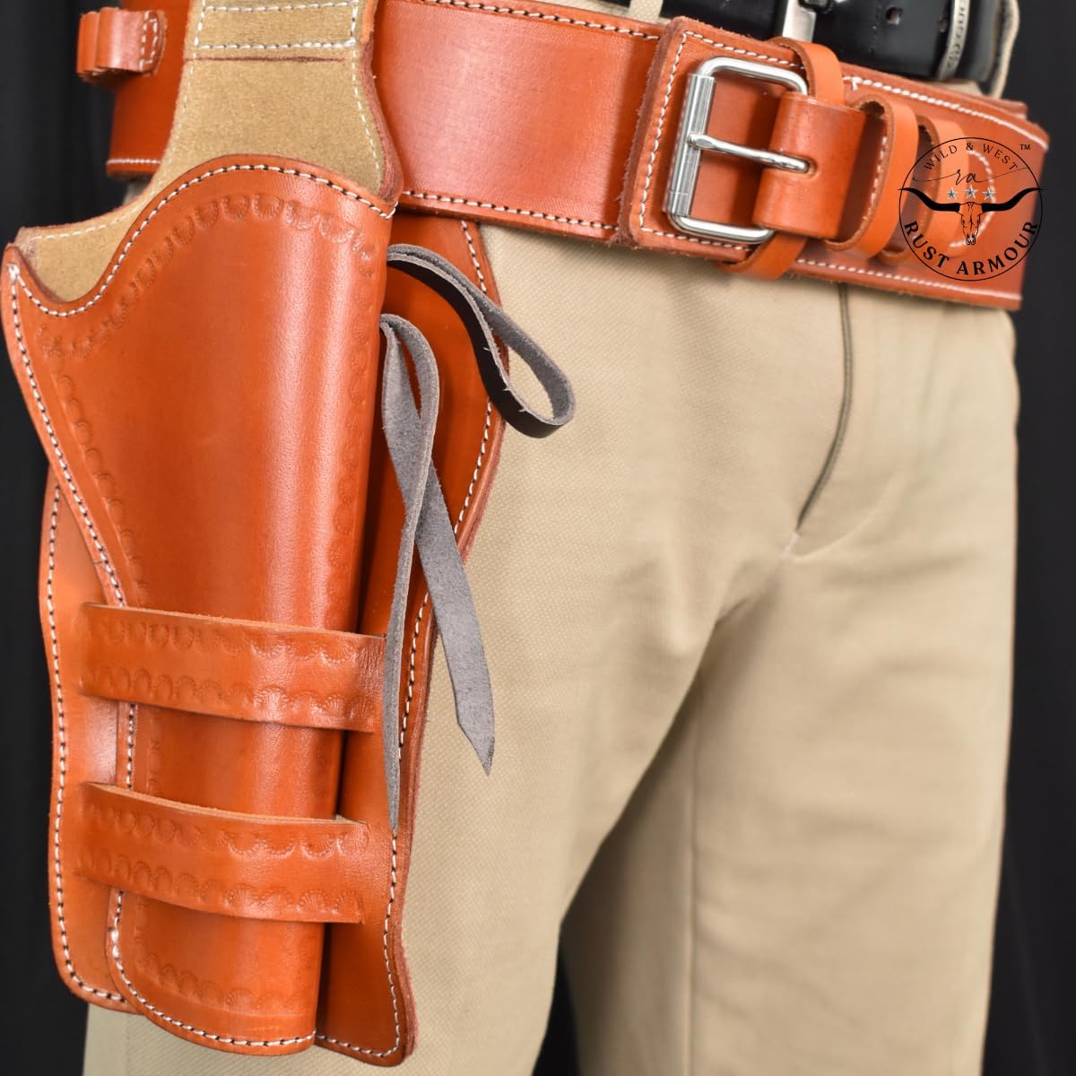 Western Full Grain Buff Leather Gun Holster Set & Ammo Belt – Handcrafted Classic Vintage Cowboy Revolver Belt with Bullet Loops, Fits 4"–6.5" Barrel