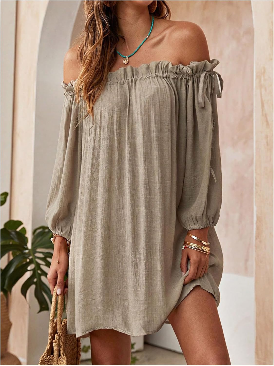 OYOANGLE Women's Swimsuit Cover Ups Off Shoulder Long Sleeve Beach Dress Frill Trim Swimwear - Image 3