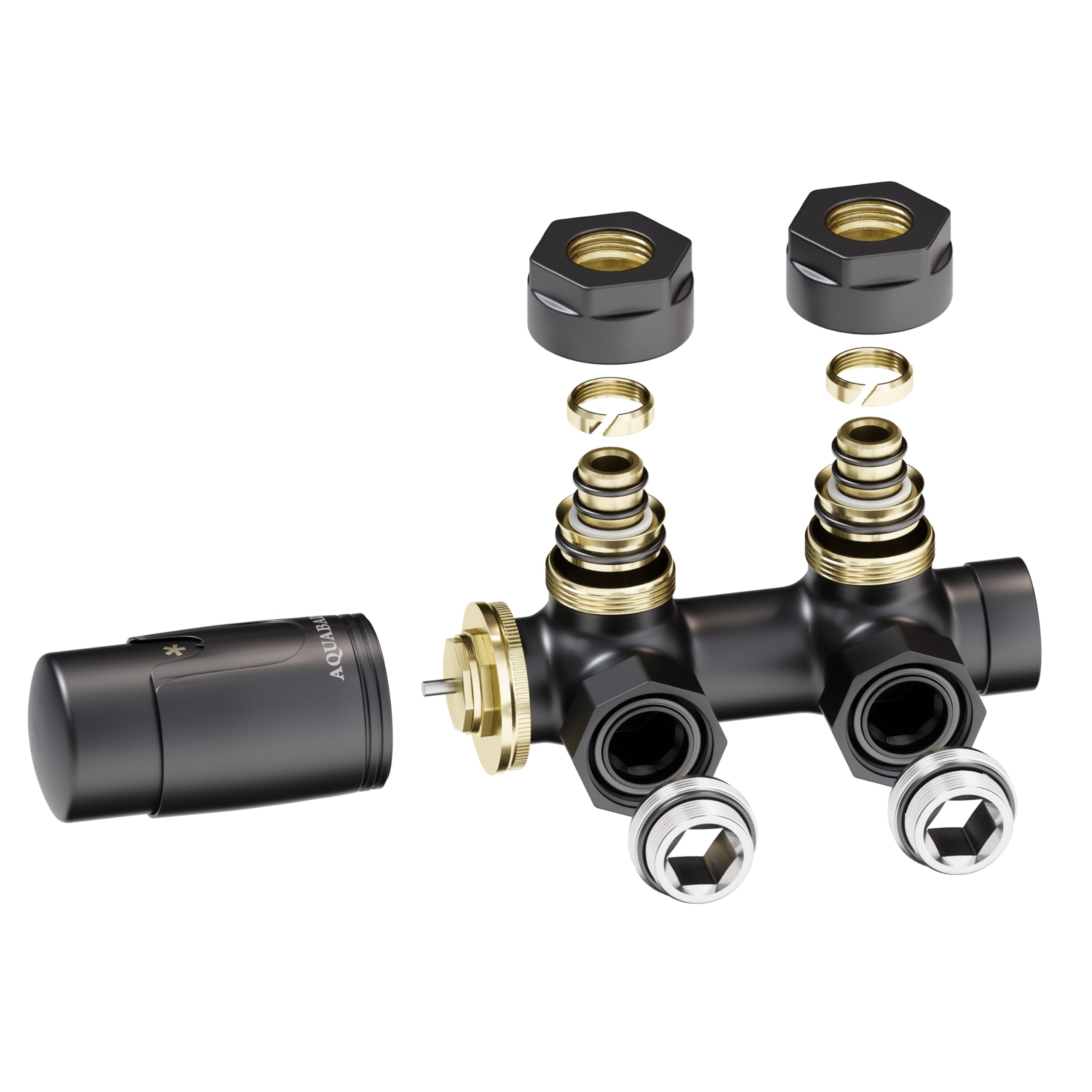 Aquabad® Kit de válvula acodada con Termostato para radiadores con conexión Central de 50mm, Negro Mate, Incluye adaptadores para Tubo de Cobre de 15mm y Tubo Multicapa de 16mm PEX